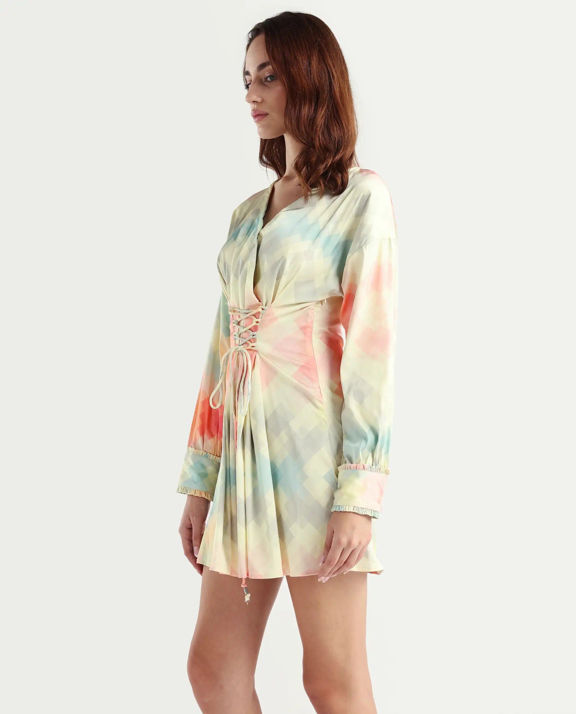 Rareism Women's Seattle Off White Modal Blend V-Neck Geometric Print Ruffled Sleeve Mini Regular Fit Dress