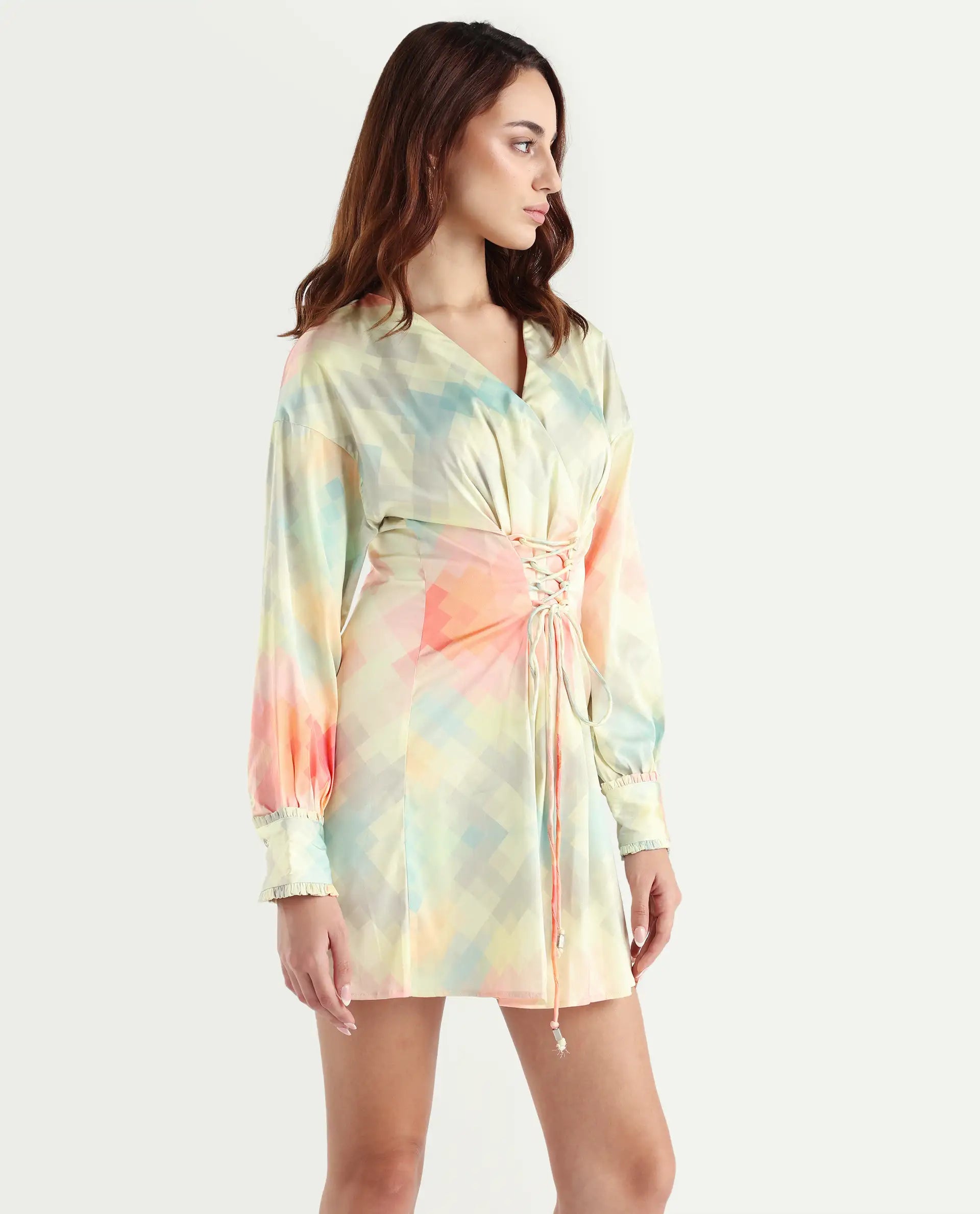 Rareism Women's Seattle Off White Modal Blend V-Neck Geometric Print Ruffled Sleeve Mini Regular Fit Dress