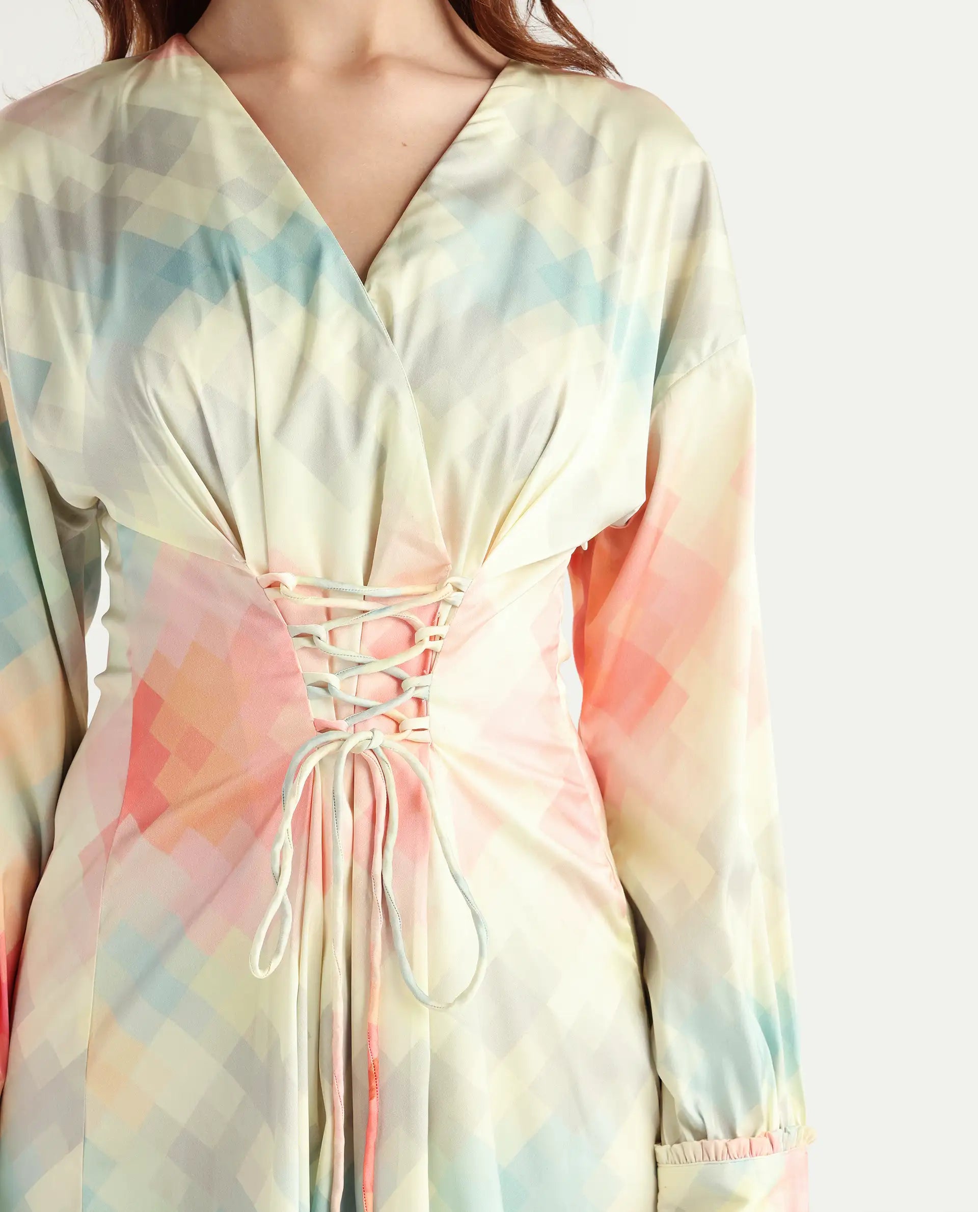 Rareism Women's Seattle Off White Modal Blend V-Neck Geometric Print Ruffled Sleeve Mini Regular Fit Dress