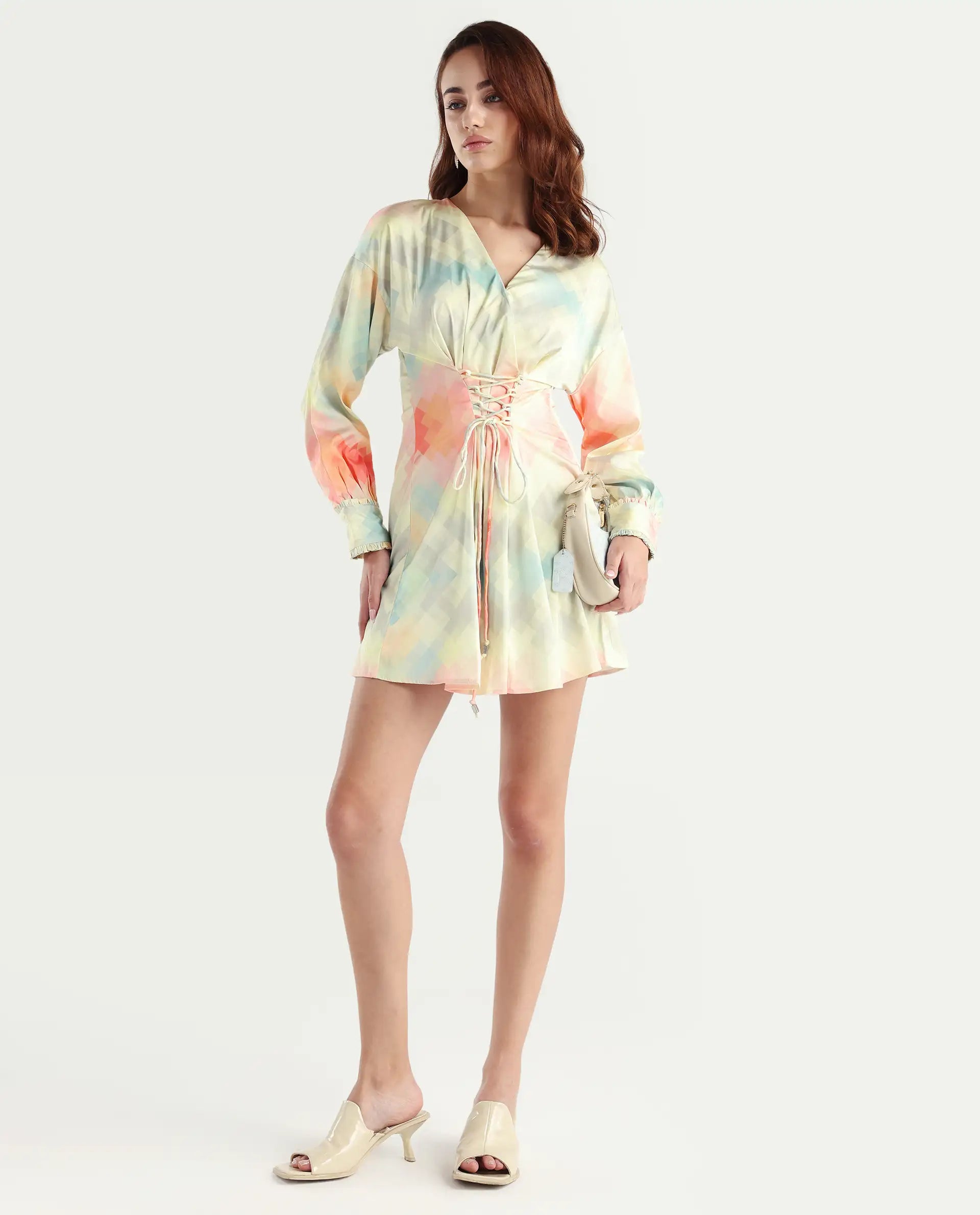 Rareism Women's Seattle Off White Modal Blend V-Neck Geometric Print Ruffled Sleeve Mini Regular Fit Dress