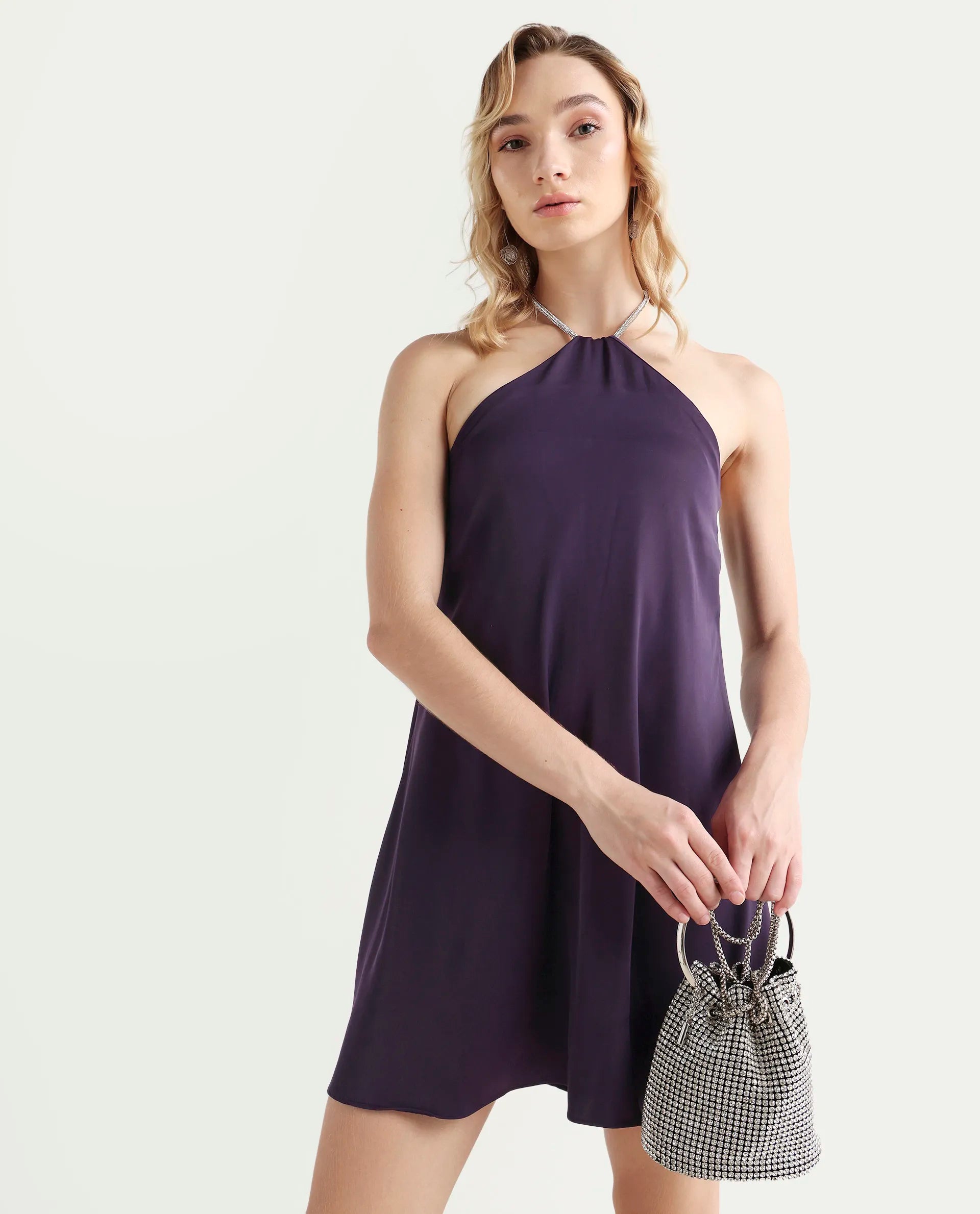 Rareism Women's Setar Purple Satin Halter Neck Plain Sleeveless Mini Flared Dress