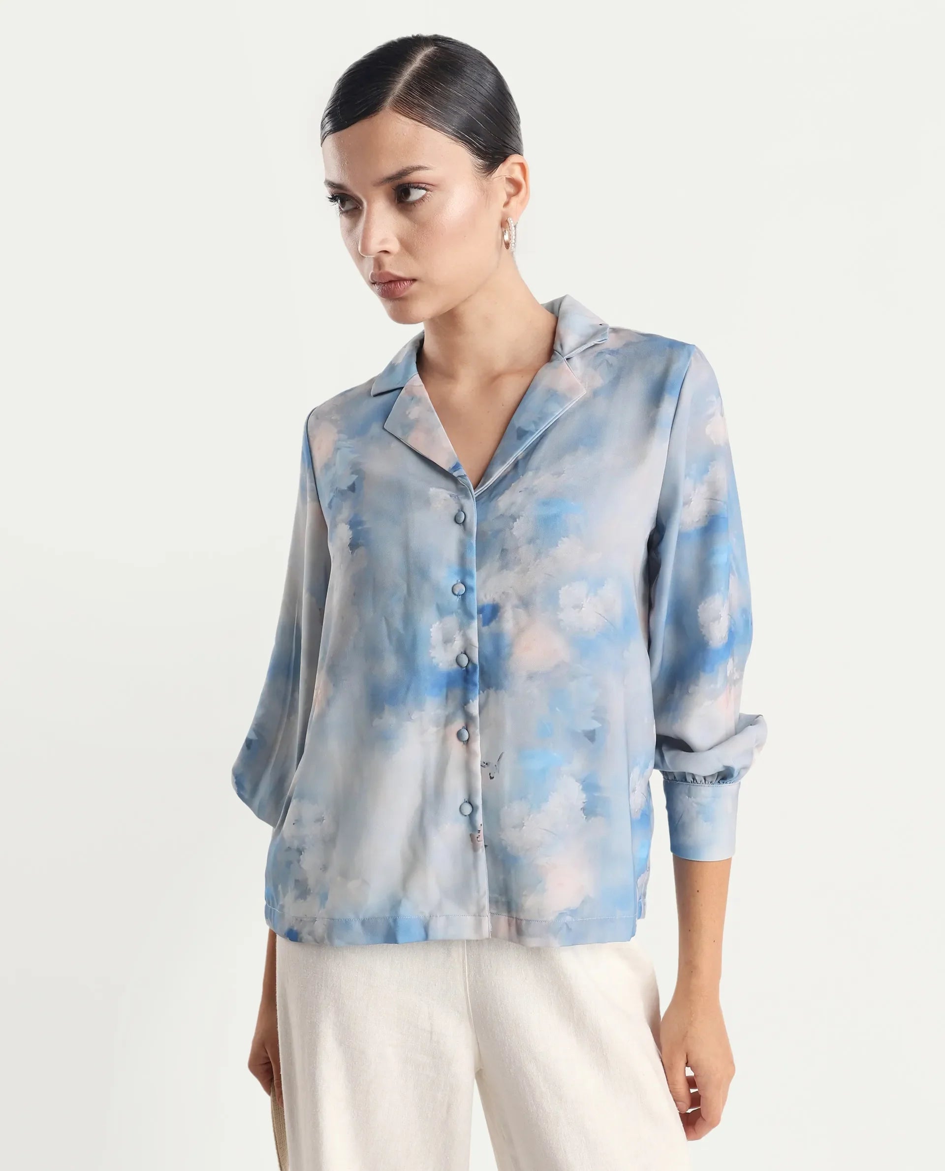 Rareism Women's Setecannet Blue Cotton Lapel Neck Floral Print Bishop Sleeve Regular Fit Top