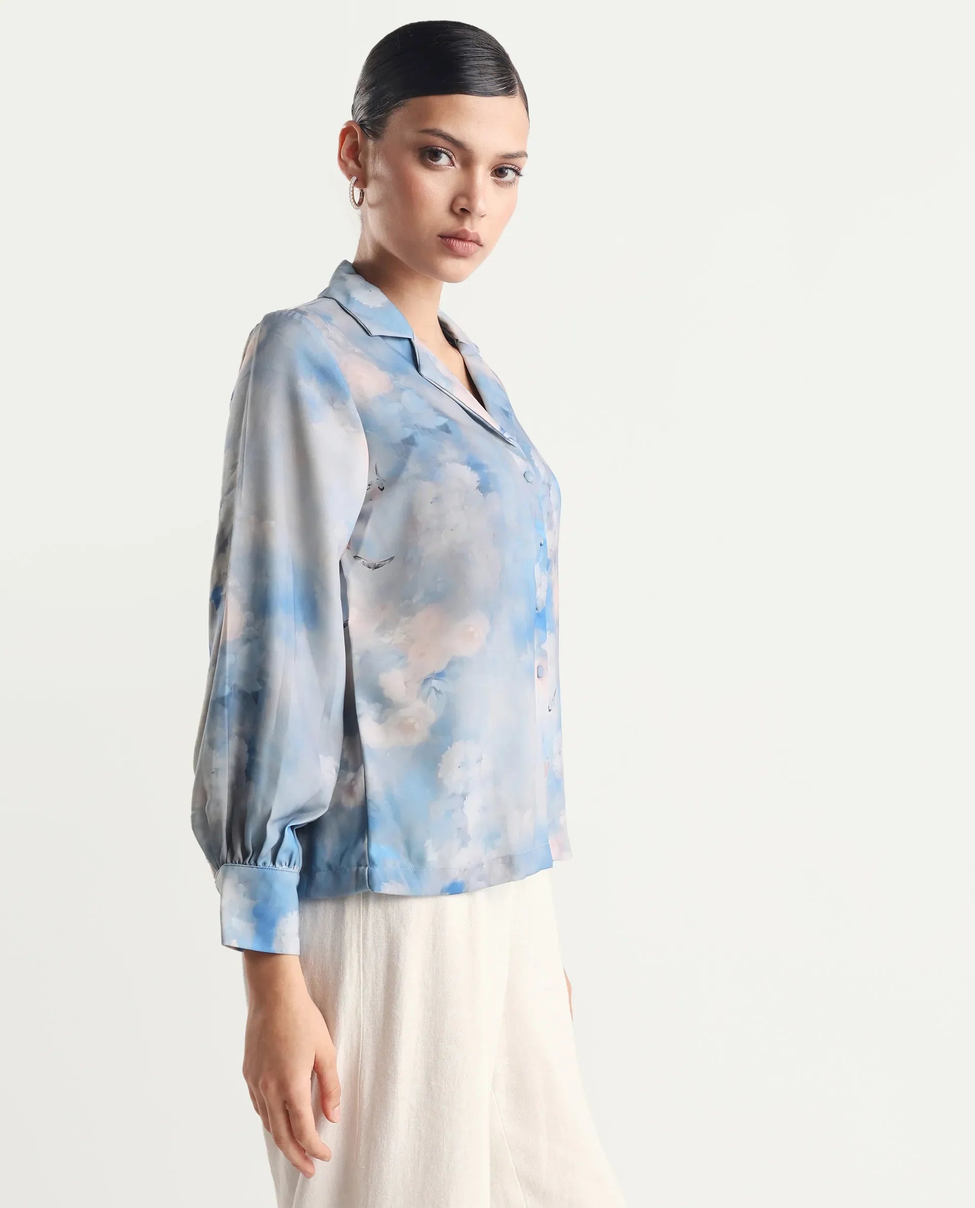 Rareism Women's Setecannet Blue Cotton Lapel Neck Floral Print Bishop Sleeve Regular Fit Top