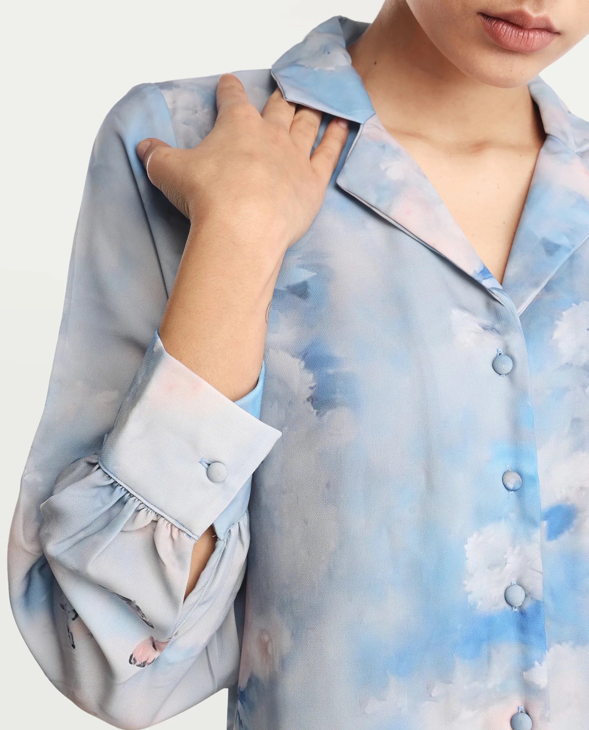 Rareism Women's Setecannet Blue Cotton Lapel Neck Floral Print Bishop Sleeve Regular Fit Top