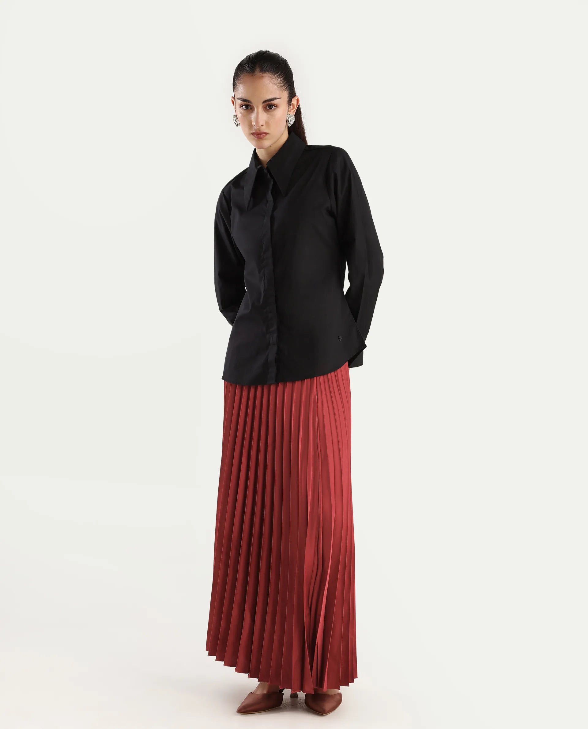 Rareism Women's Shilton Maroon Polyester Plain Ankle Length Regular Fit Skirt