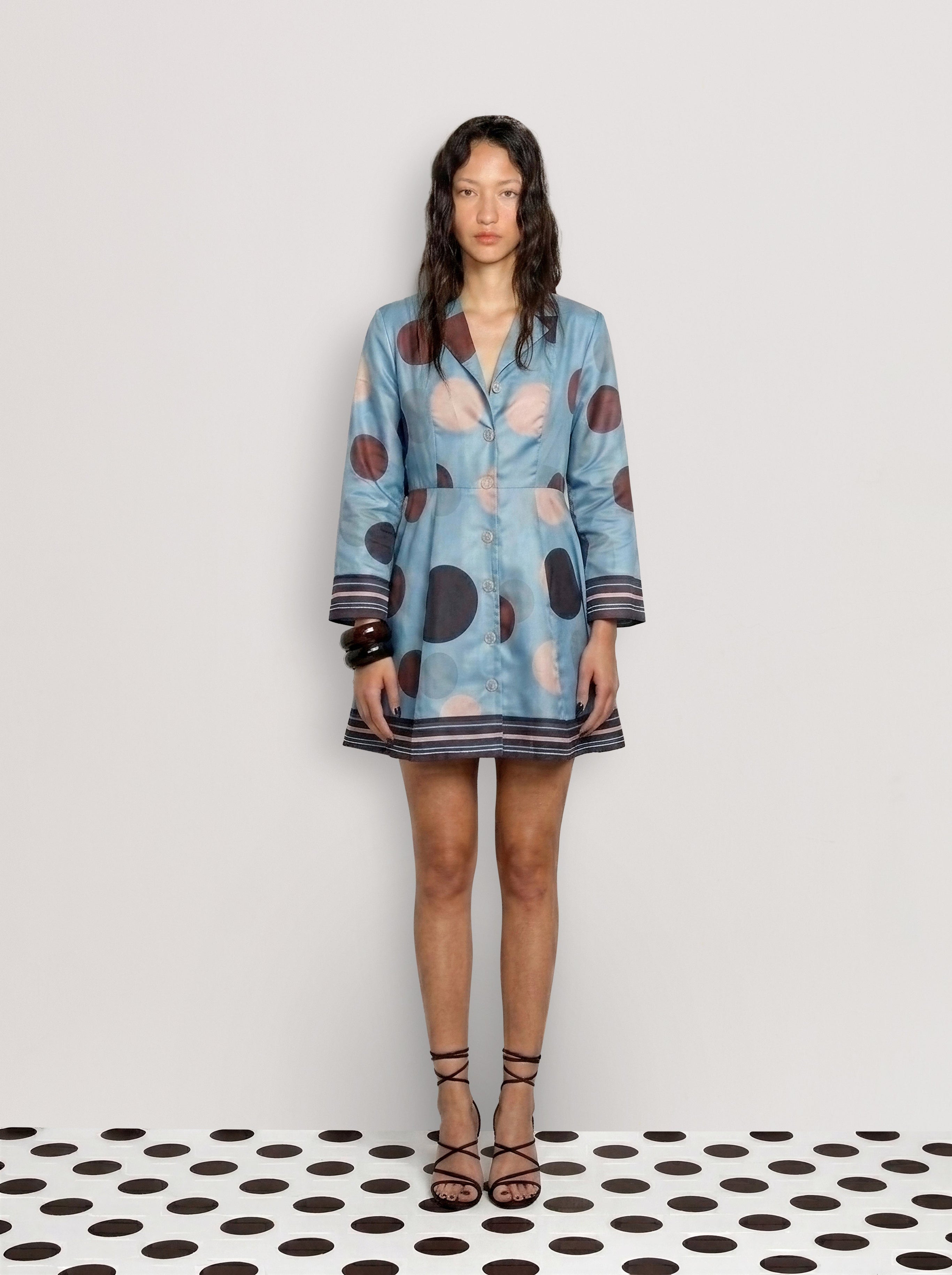 Rareism Women's Buffe Dusky Blue Polyester Lapel Neck Polka Print Bell Sleeve Mini Regular Fit Dress