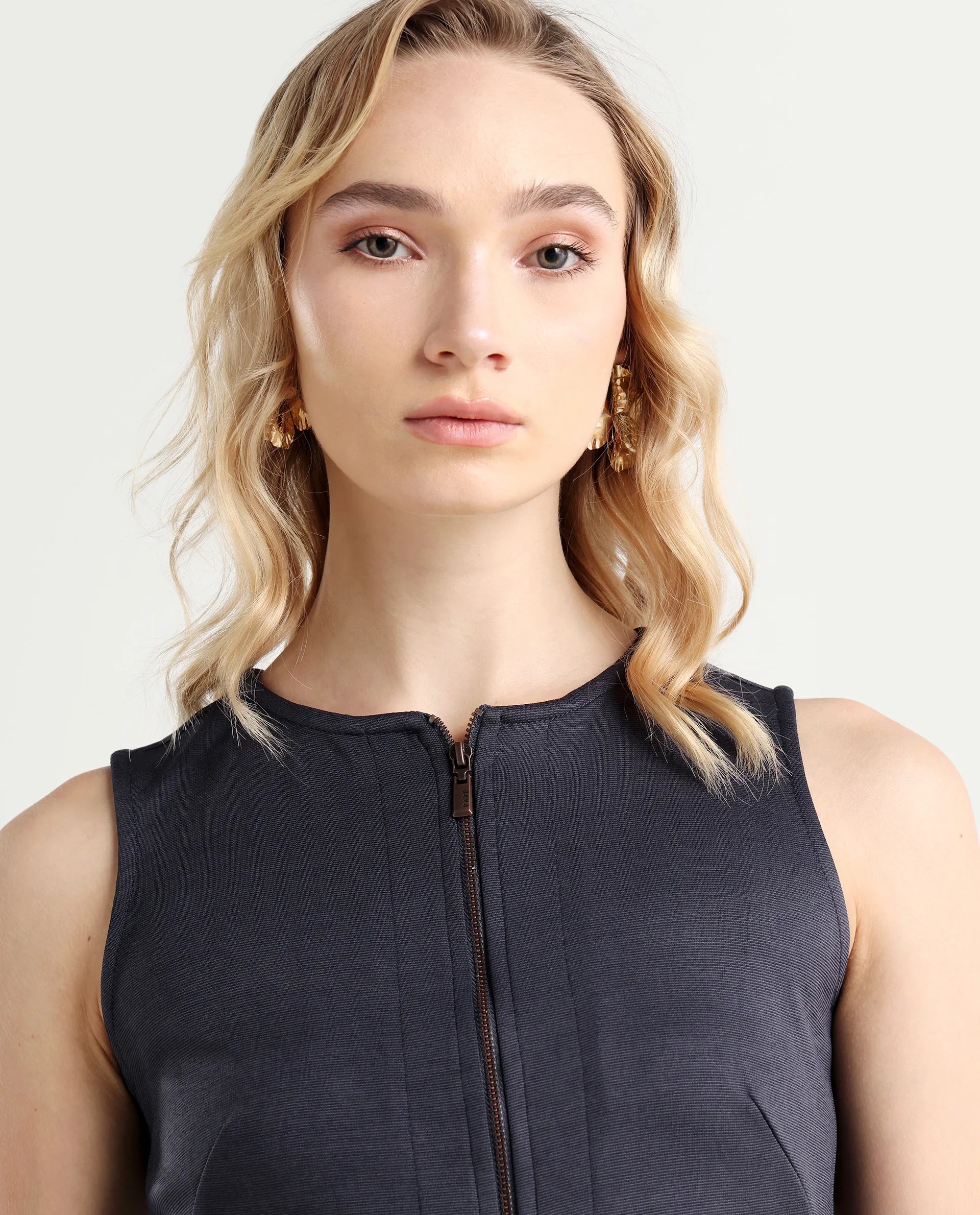 Rareism Women's Shoko Dark Blue Polyester Crew Neck Plain Sleeveless Midi A-Line Dress