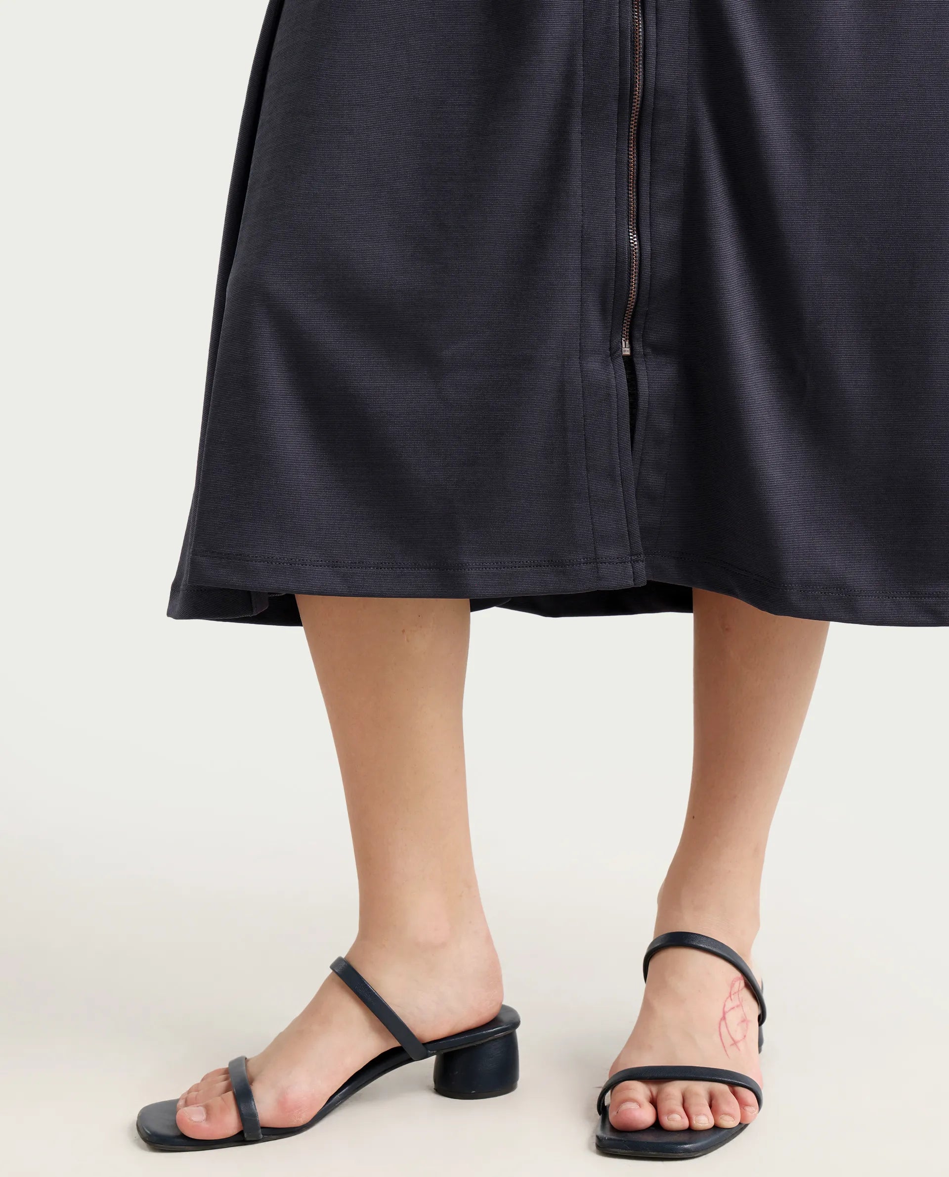 Rareism Women's Shoko Dark Blue Polyester Crew Neck Plain Sleeveless Midi A-Line Dress