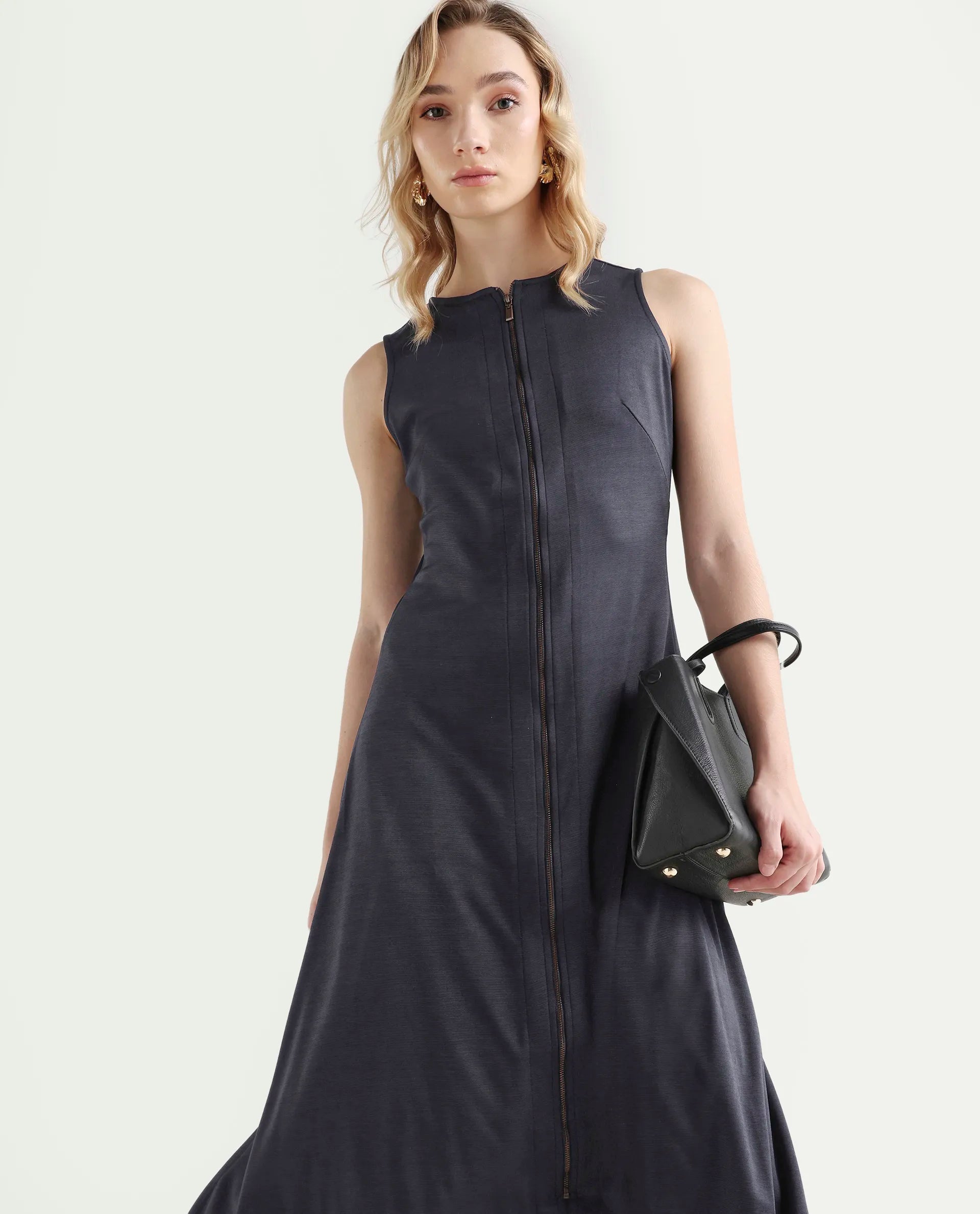 Rareism Women's Shoko Dark Blue Polyester Crew Neck Plain Sleeveless Midi A-Line Dress