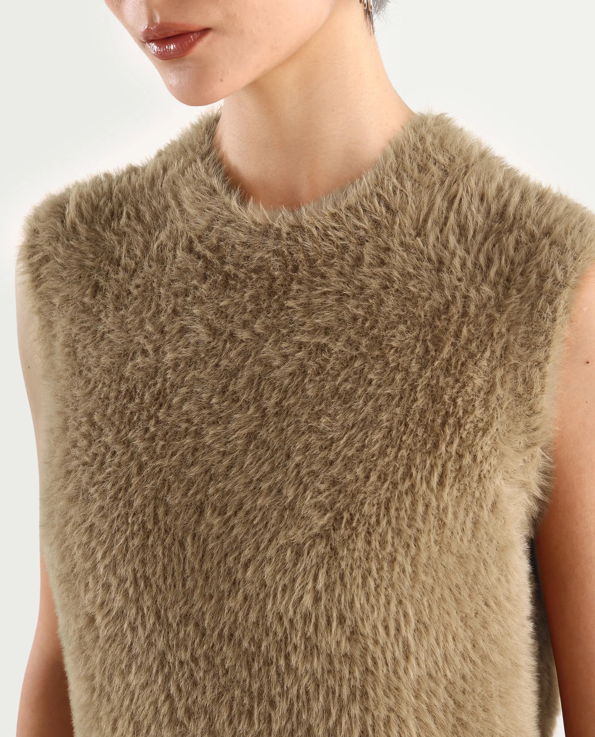 Rareism Women's Sielo Dark Beige Nylon Crew Neck Plain Sleeveless Relaxed Fit Sweater