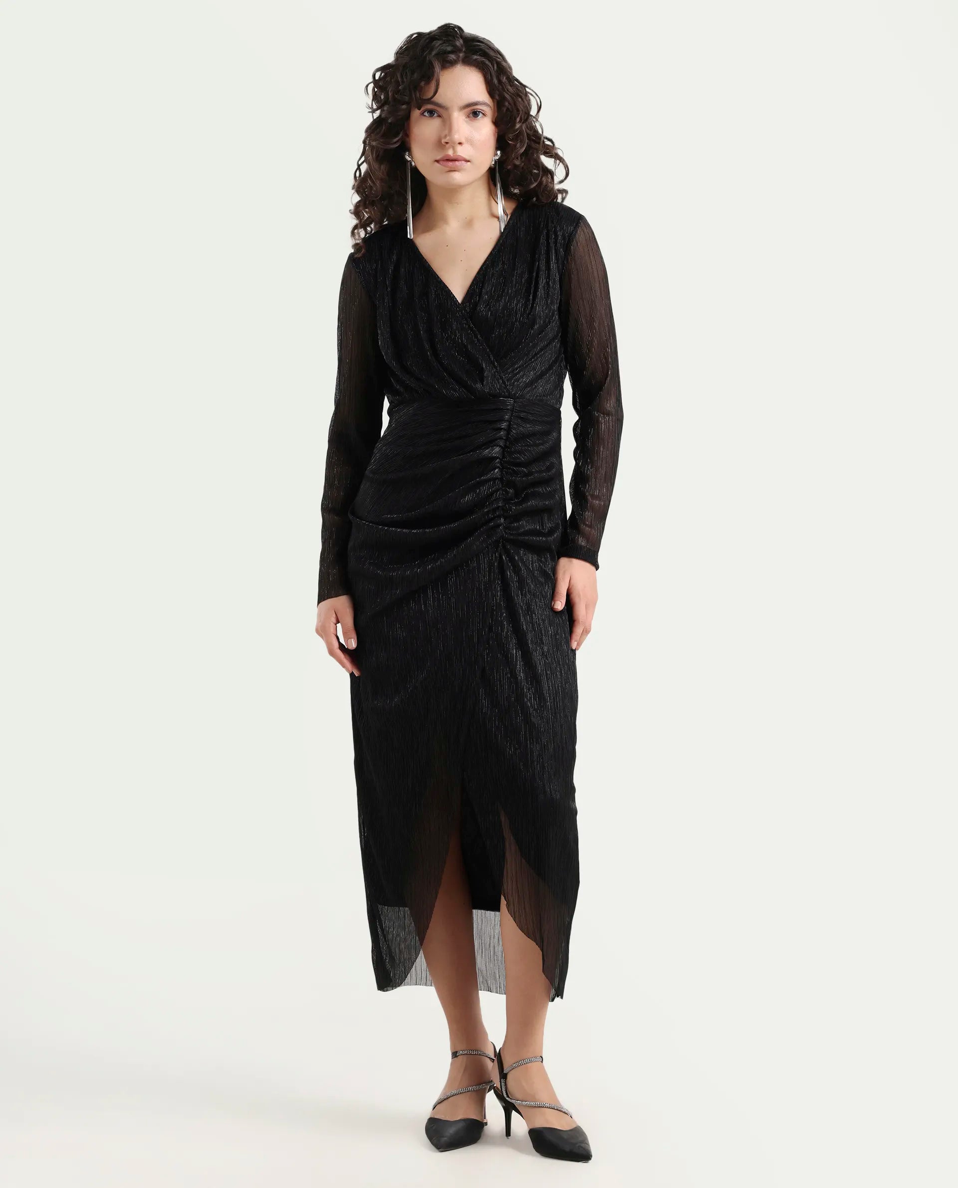 Rareism Women's Siga Metalic Black Polyester Blend Collarless Shimmer Maxi Regular Fit Dress