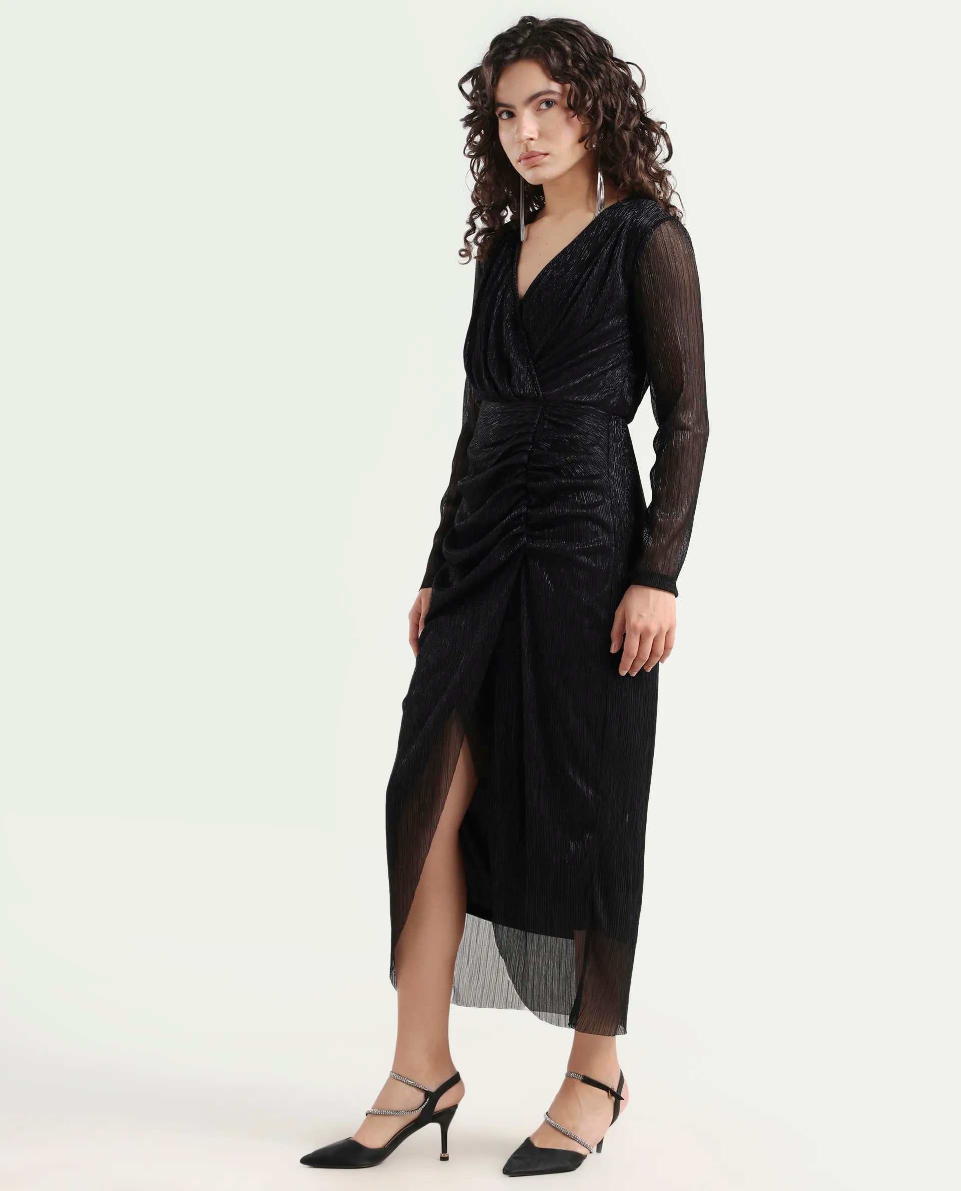 Rareism Women's Siga Metalic Black Polyester Blend Collarless Shimmer Maxi Regular Fit Dress