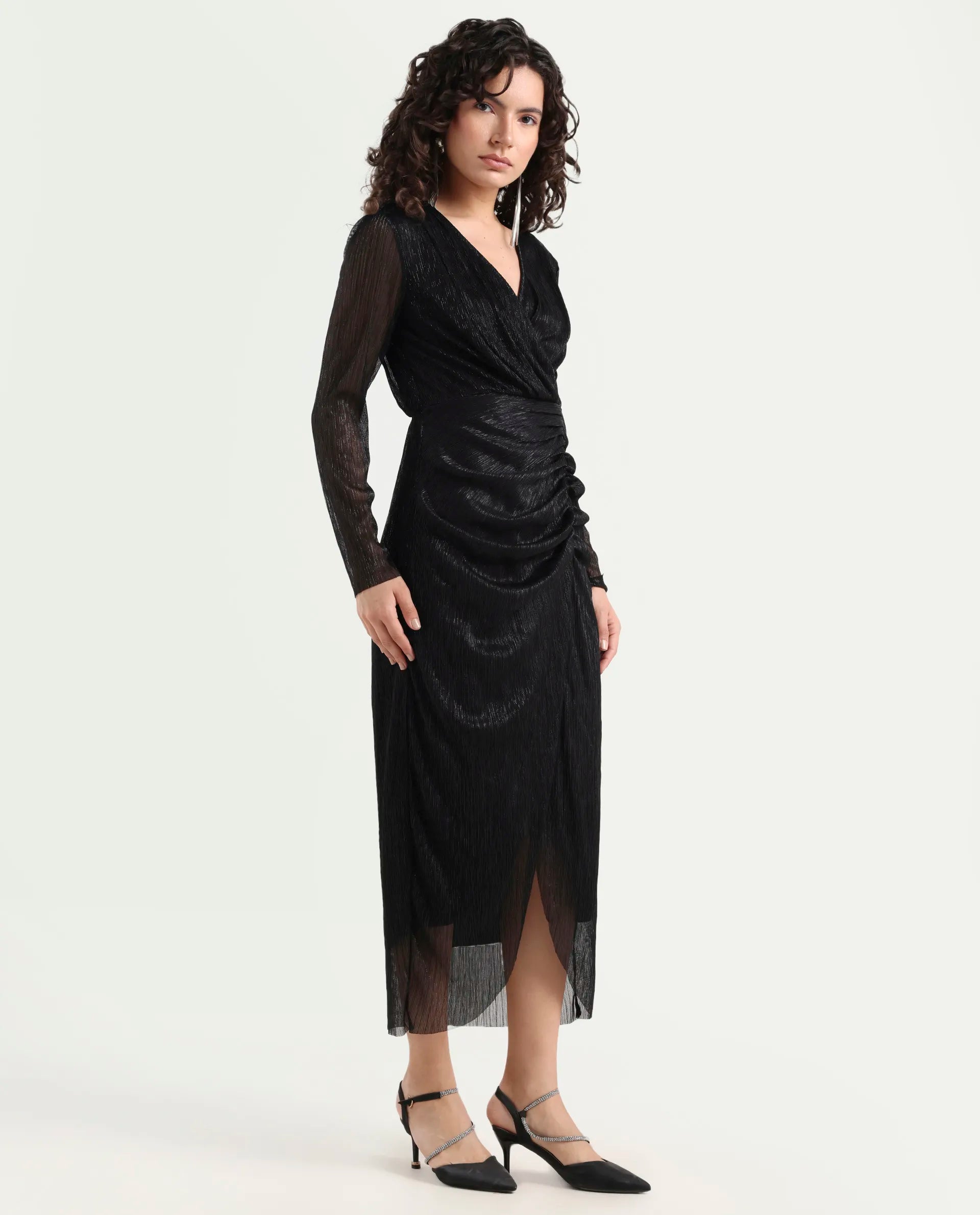 Rareism Women's Siga Metalic Black Polyester Blend Collarless Shimmer Maxi Regular Fit Dress