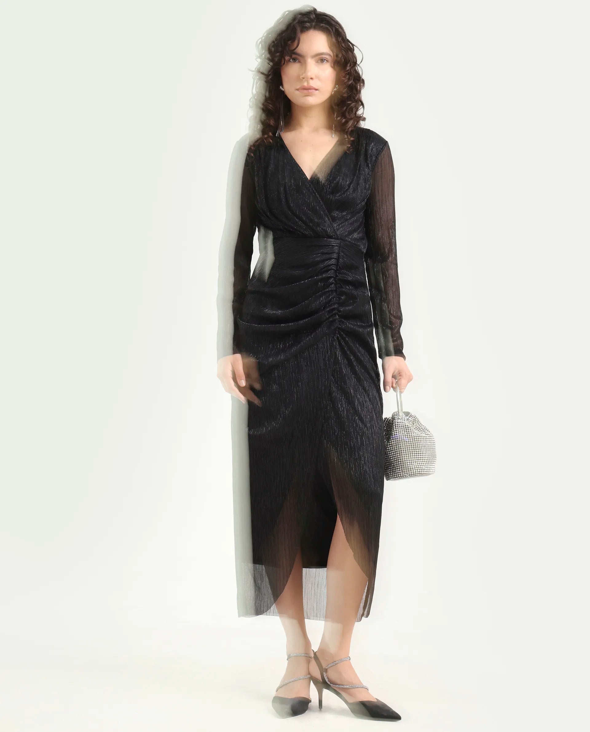 Rareism Women's Siga Metalic Black Polyester Blend Collarless Shimmer Maxi Regular Fit Dress