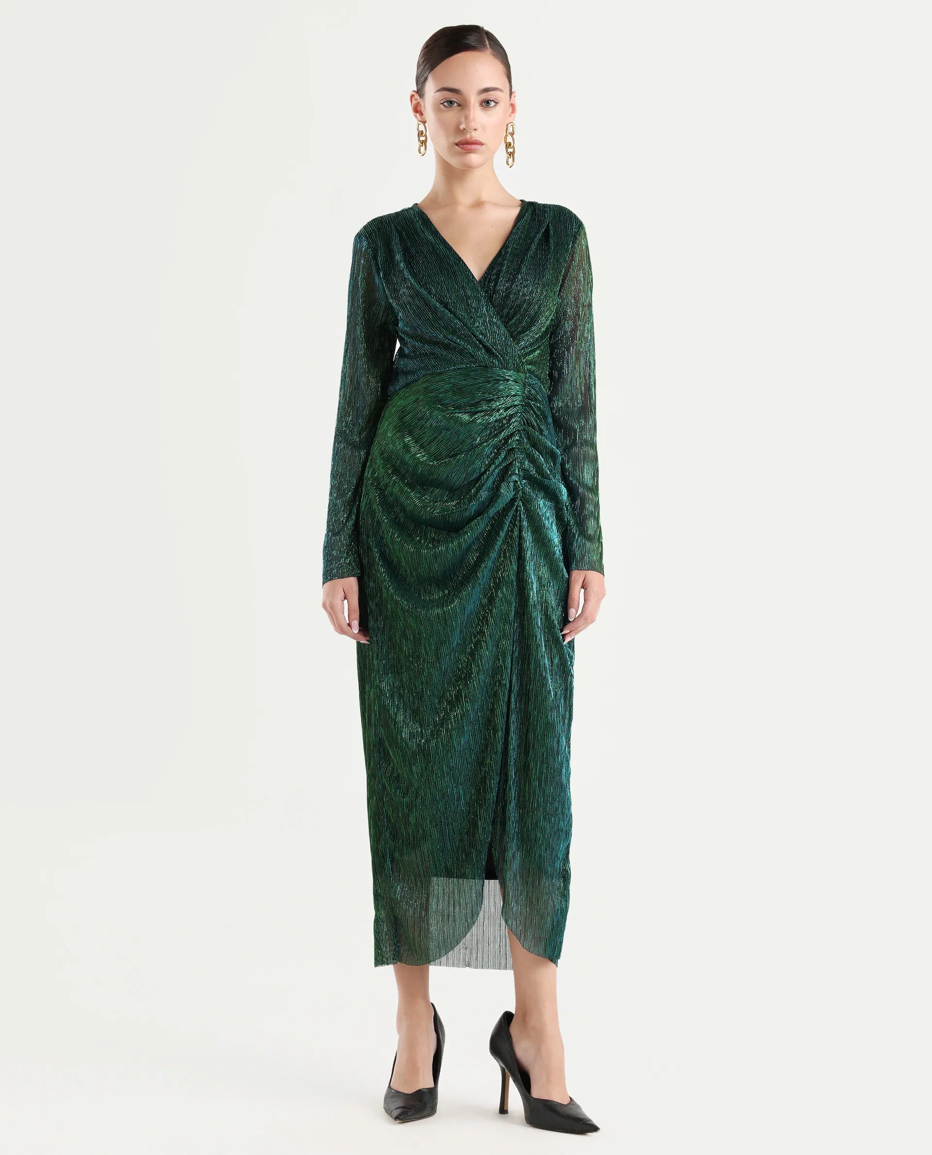 Rareism Women's Siga Metalic Green Polyester Blend V-Neck Shimmer Maxi Dress