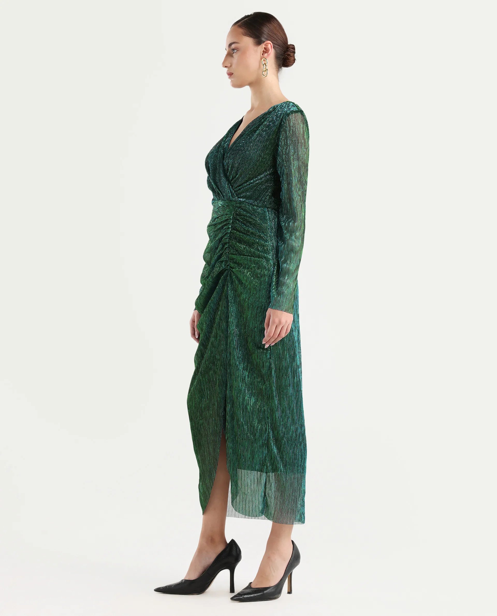 Rareism Women's Siga Metalic Green Polyester Blend V-Neck Shimmer Maxi Rareism Women's Siga Metalic Green Polyester Blend V-Neck Shimmer Maxi