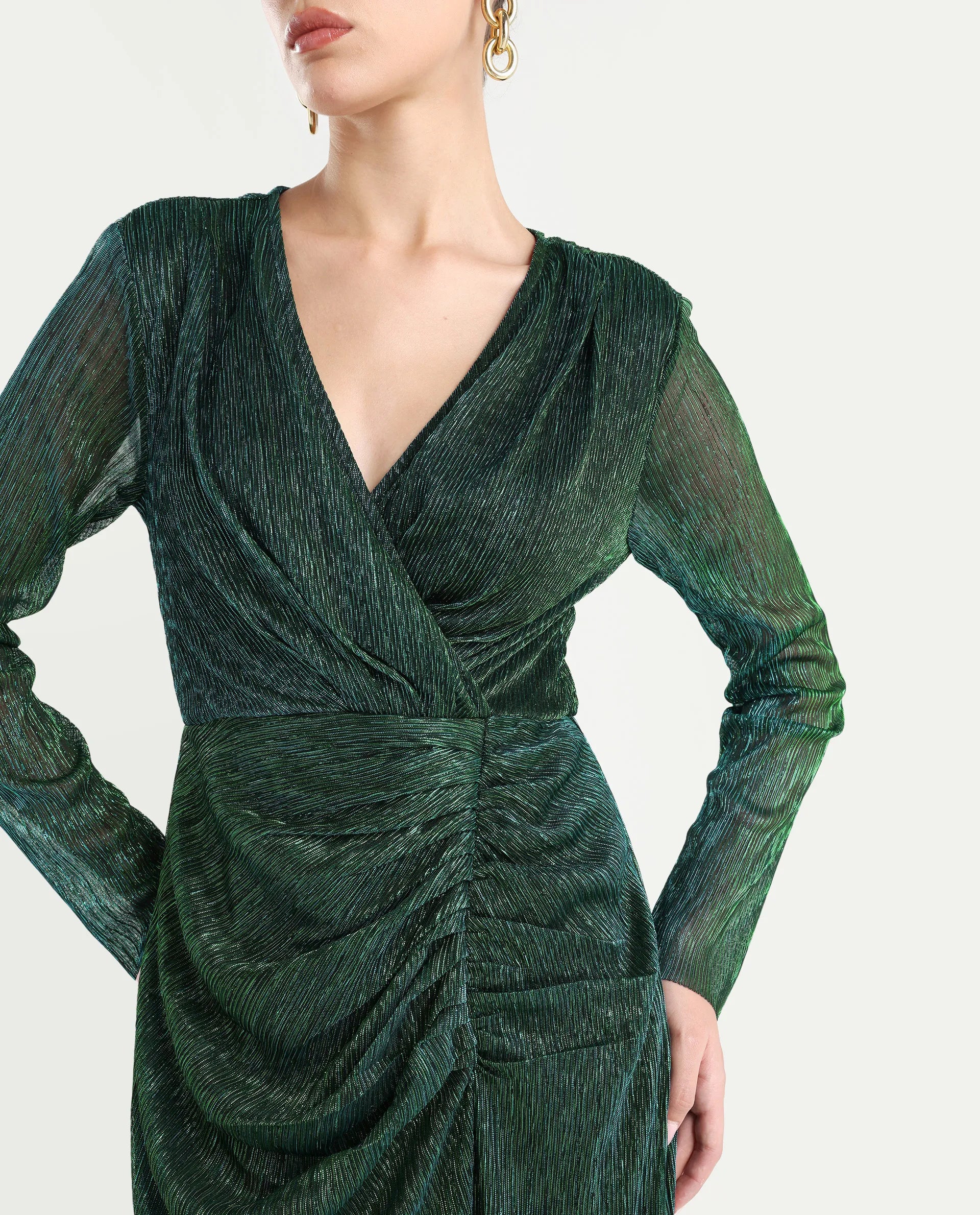 Rareism Women's Siga Metalic Green Polyester Blend V-Neck Shimmer Maxi Rareism Women's Siga Metalic Green Polyester Blend V-Neck Shimmer Maxi