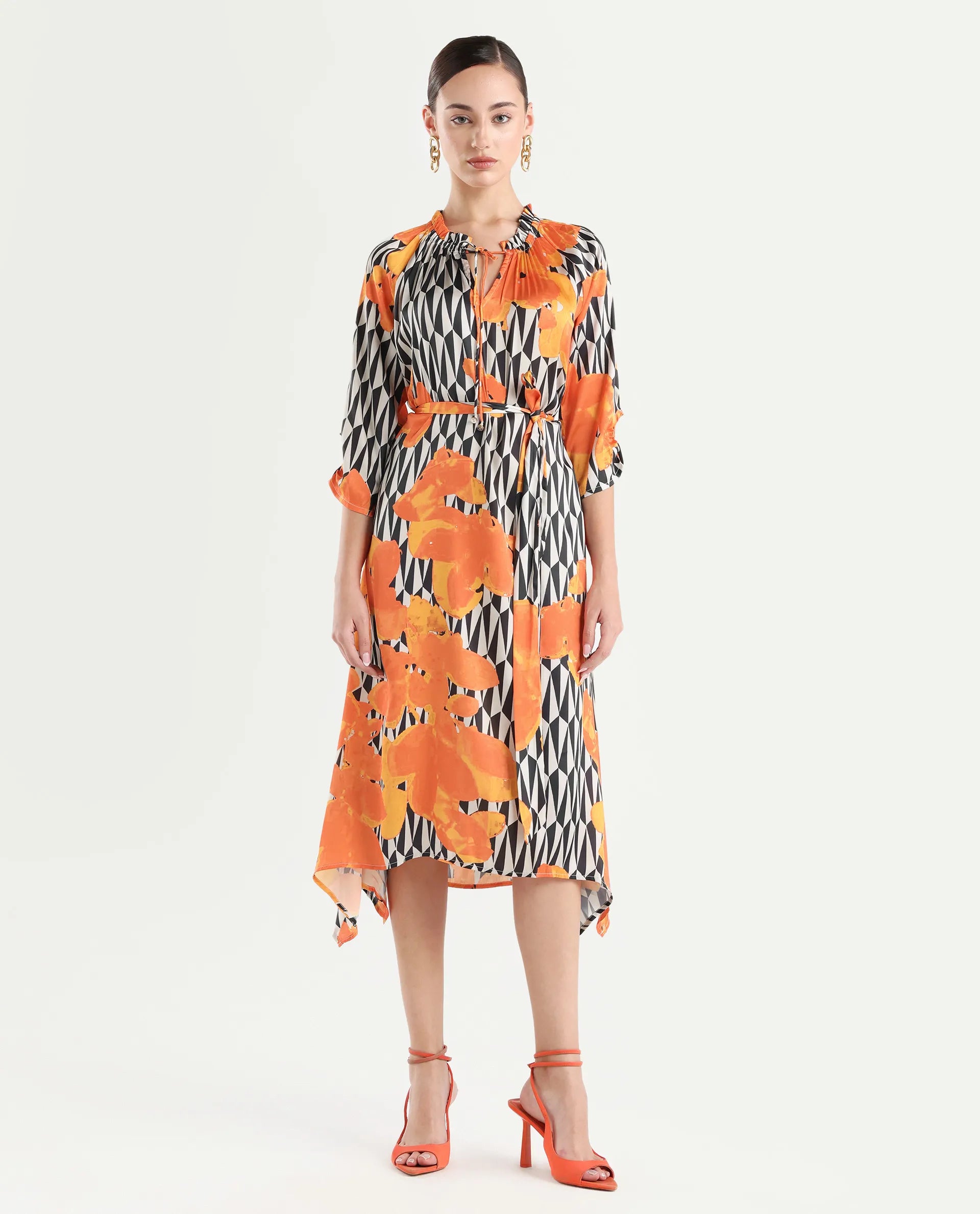 Rareism Women's Sings Black Polyester Tie-Up Neck Abstract Print Raglan Sleeve Knee Length Relaxed Fit Dress