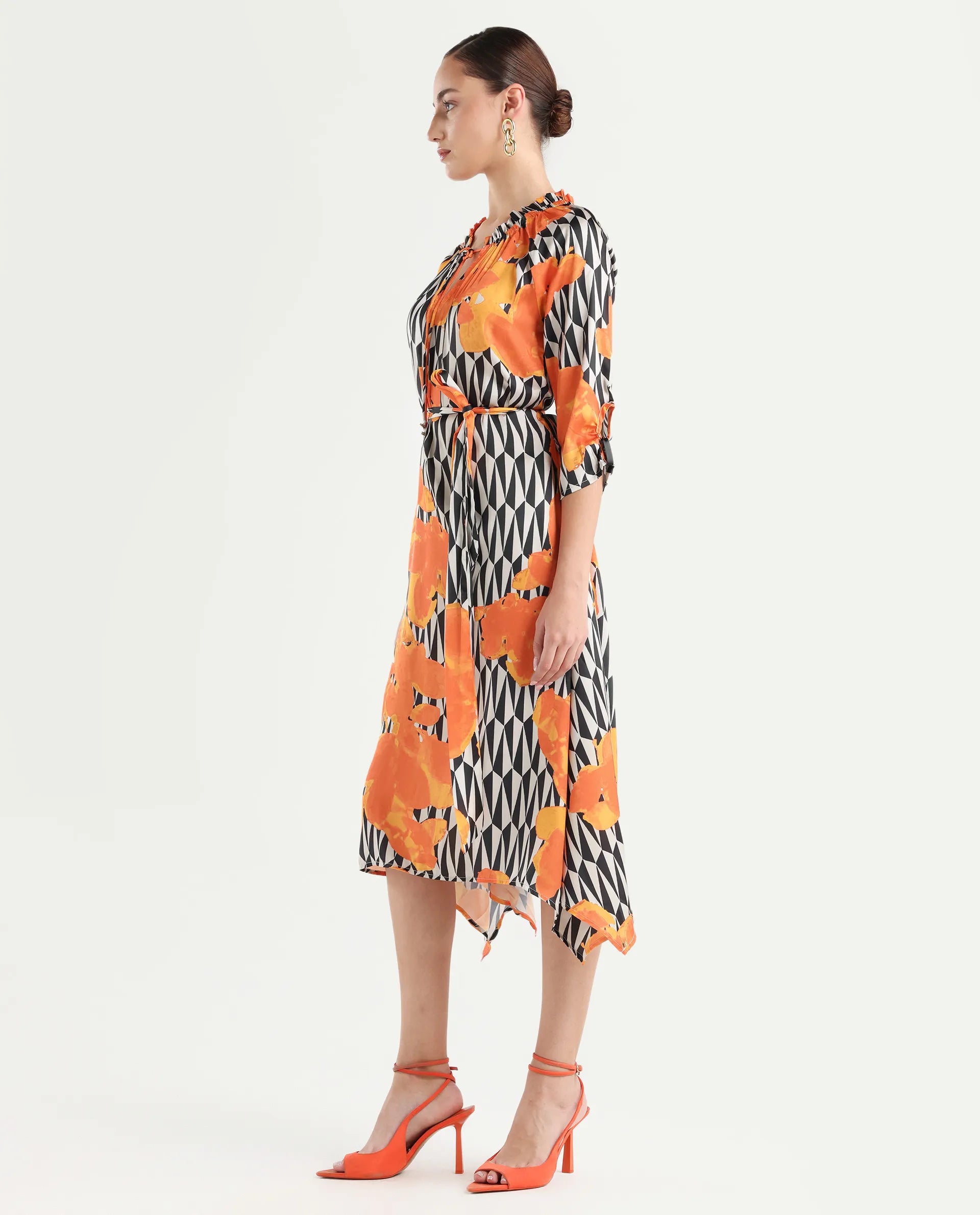 Rareism Women's Sings Black Polyester Tie-Up Neck Abstract Print Raglan Sleeve Knee Length Relaxed Fit Dress