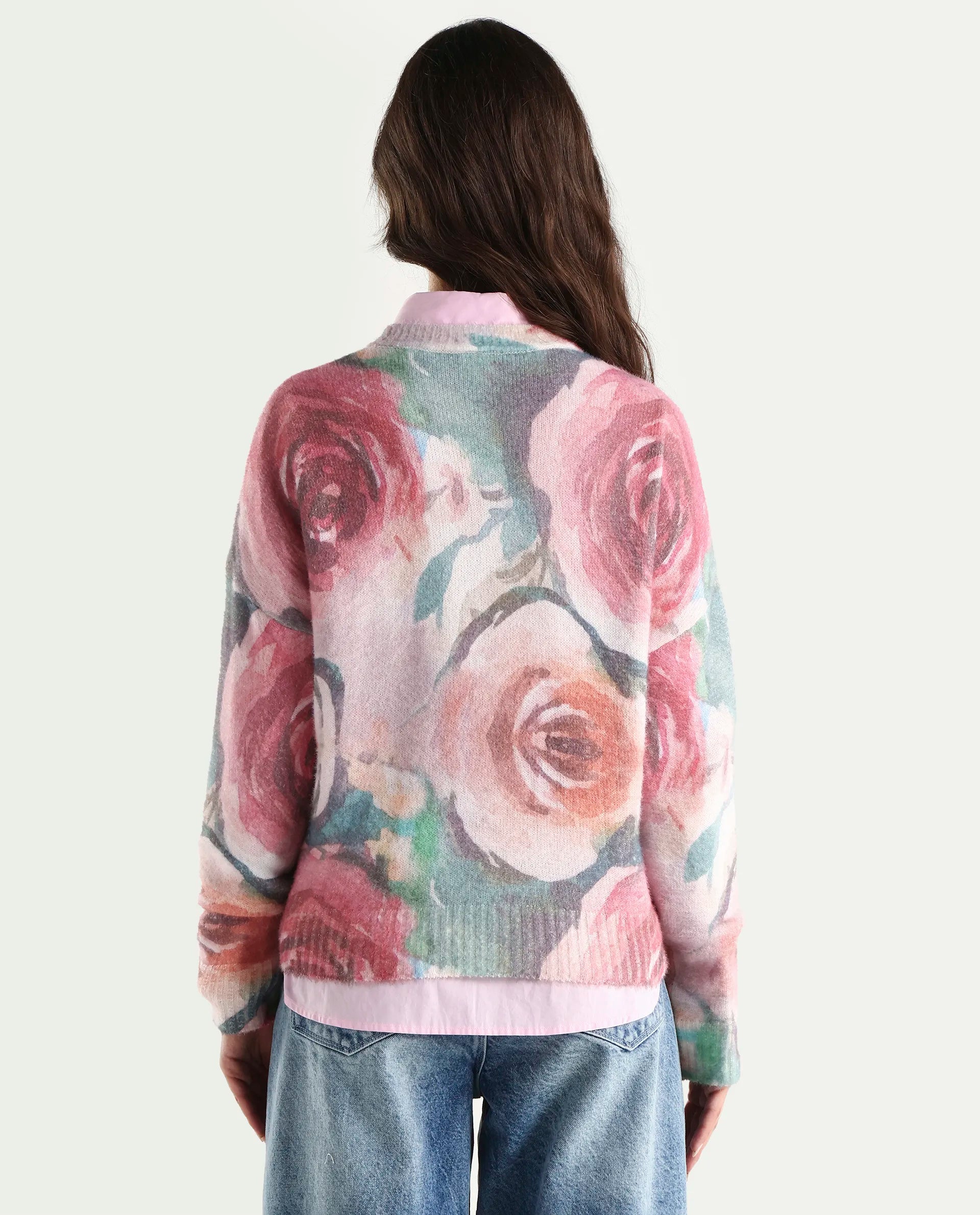 Rareism Women's Siri-R Dusky Multi Acrylic Blend Relaxed Fit Printed Sweater