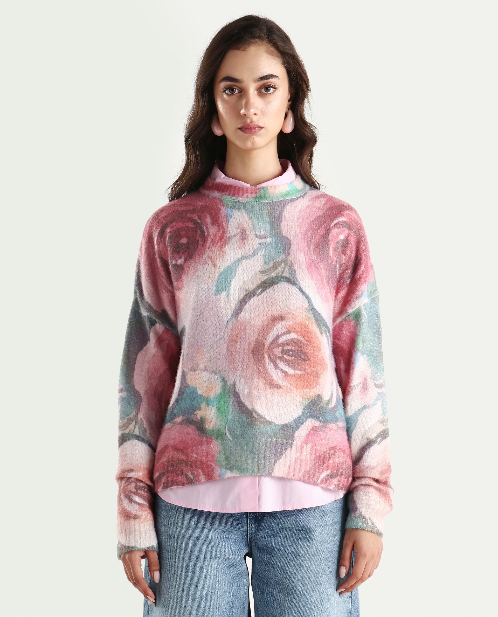 Rareism Women's Siri-R Dusky Multi Acrylic Blend Relaxed Fit Printed Sweater