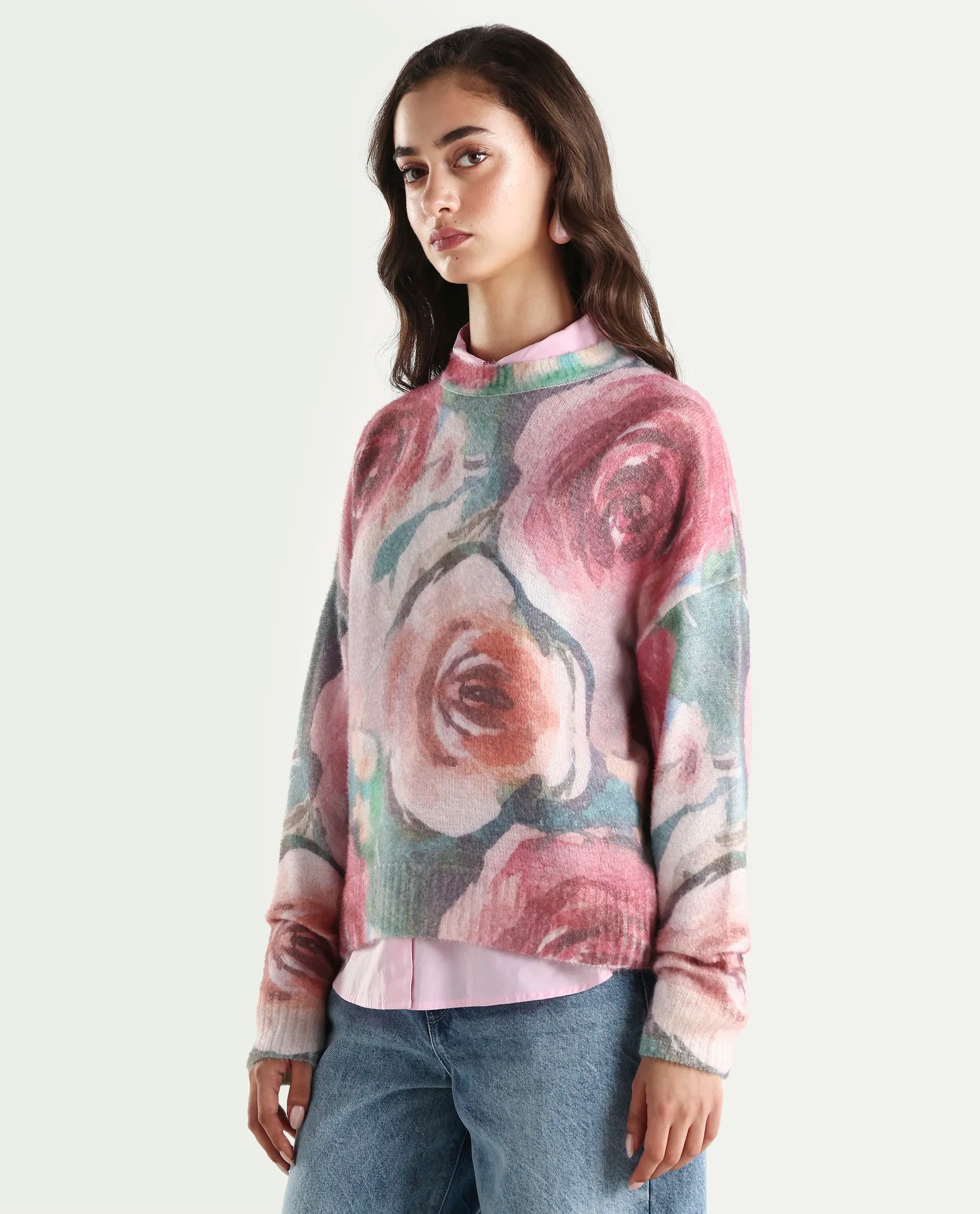 Rareism Women's Siri-R Dusky Multi Acrylic Blend Relaxed Fit Printed Sweater