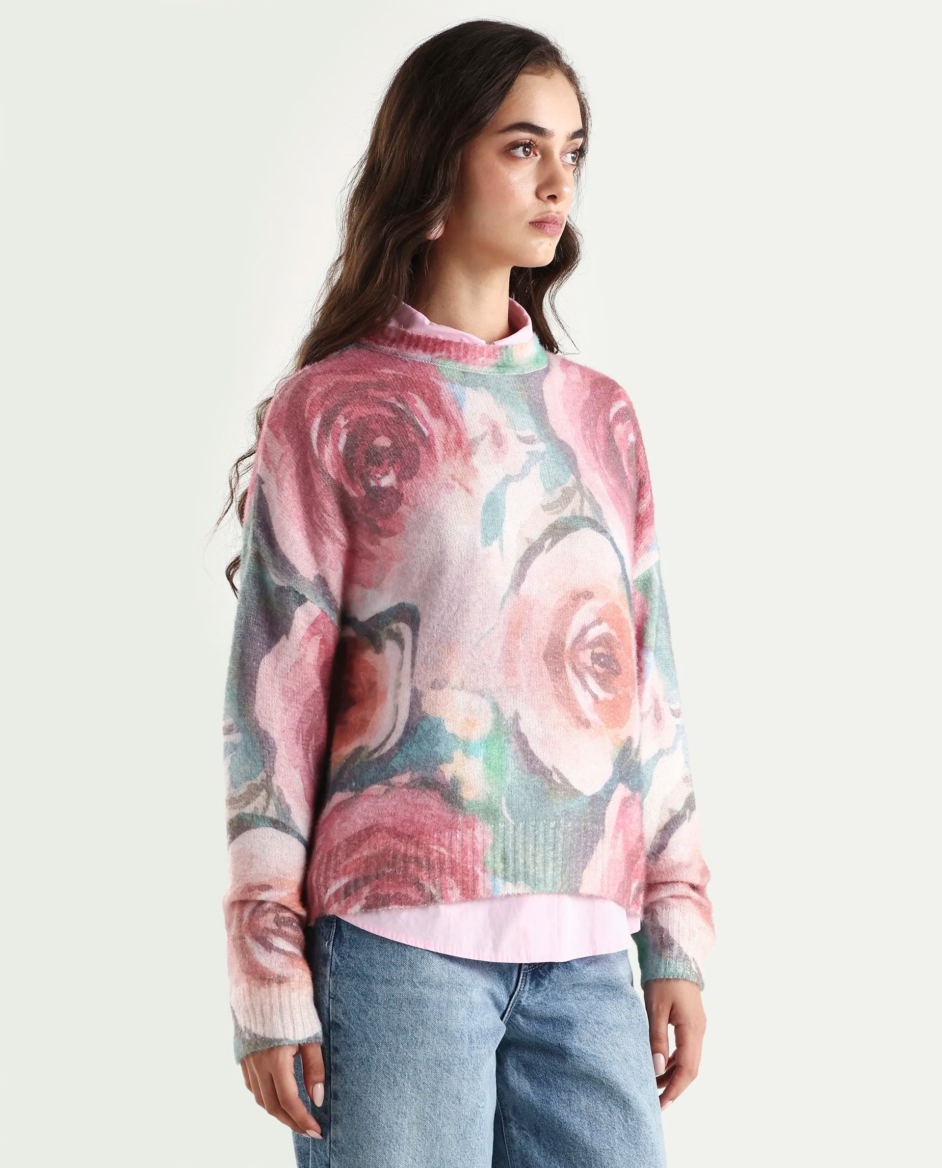 Rareism Women's Siri-R Dusky Multi Acrylic Blend Relaxed Fit Printed Sweater