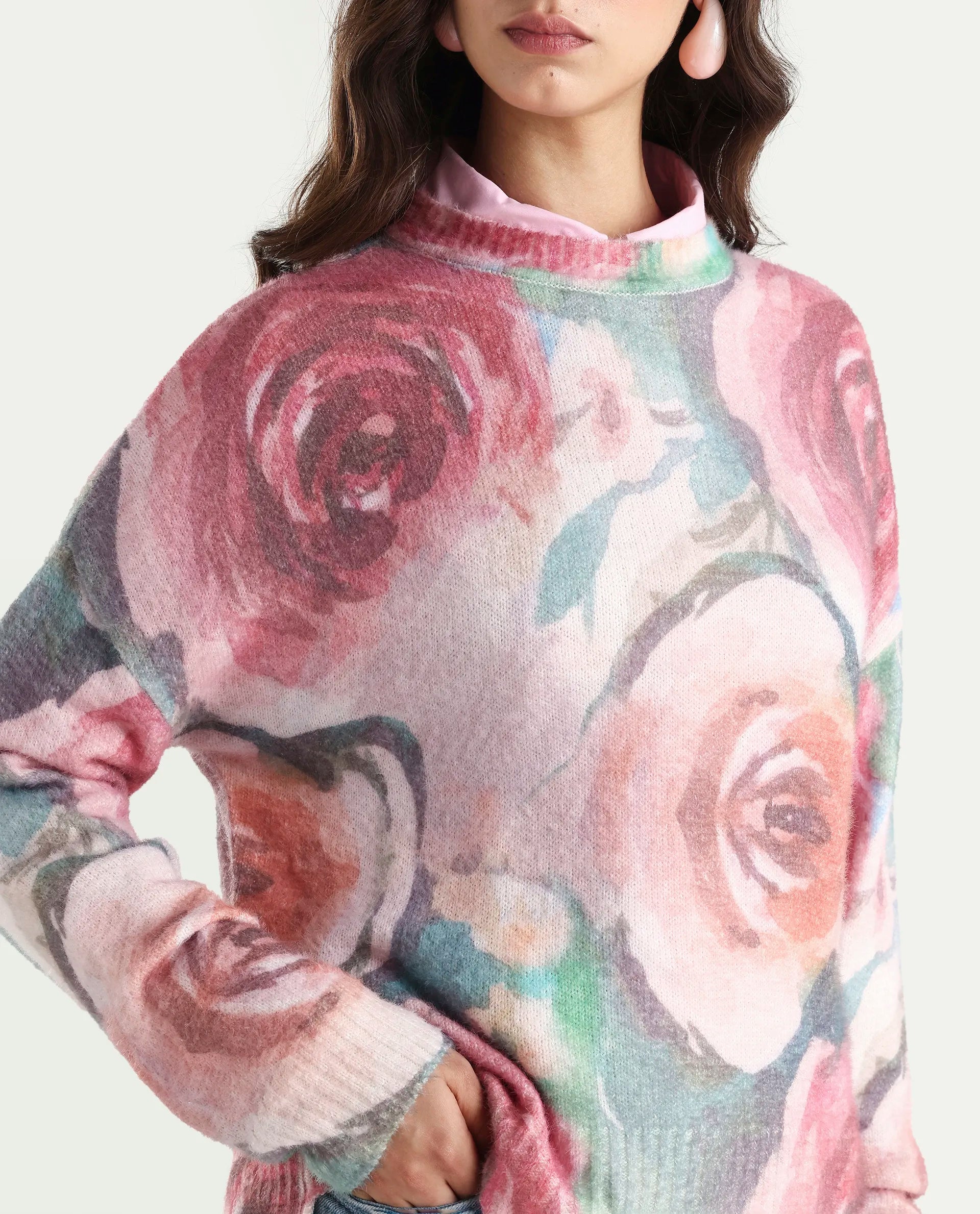 Rareism Women's Siri-R Dusky Multi Acrylic Blend Relaxed Fit Printed Sweater