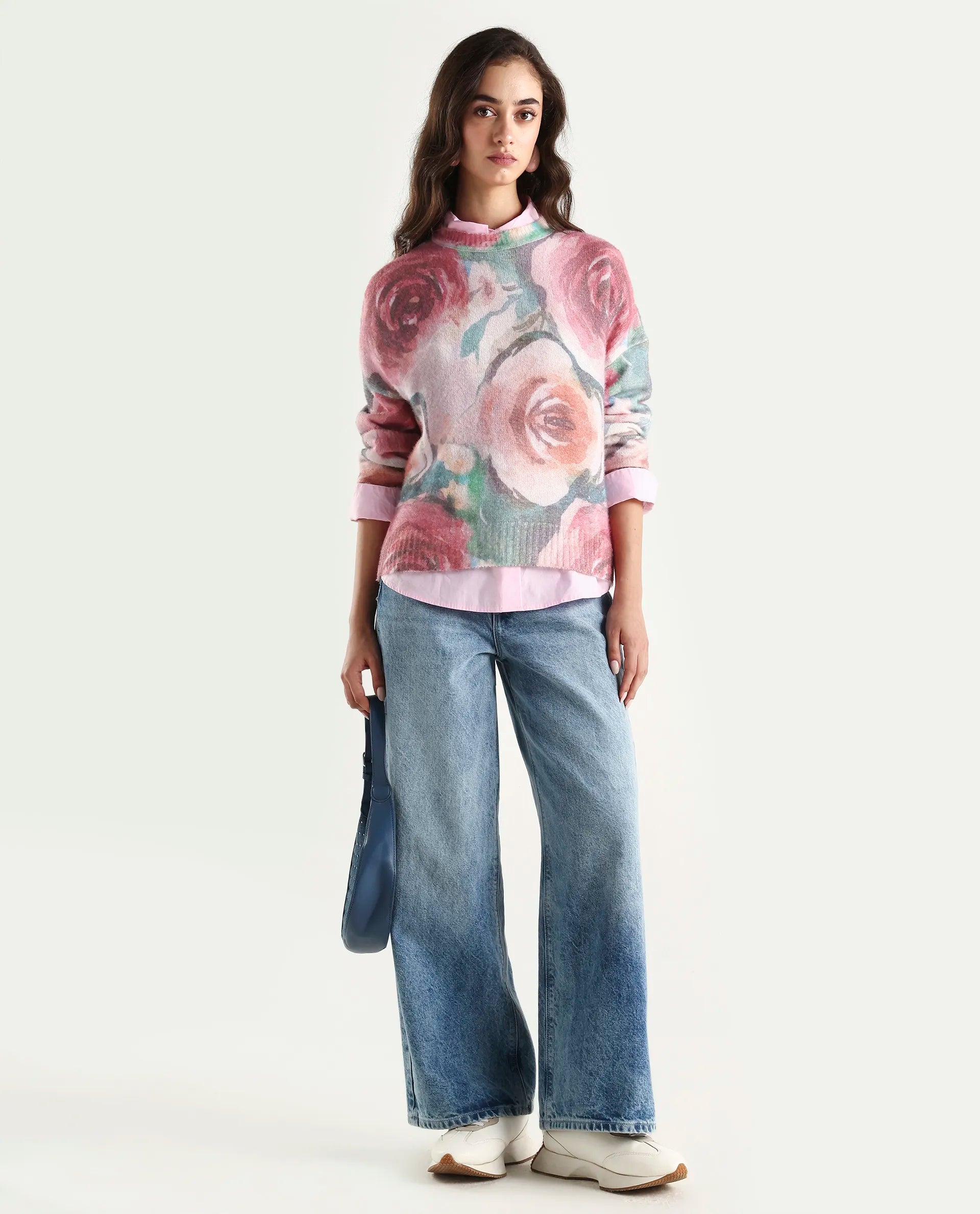 Rareism Women's Siri-R Dusky Multi Acrylic Blend Relaxed Fit Printed Sweater