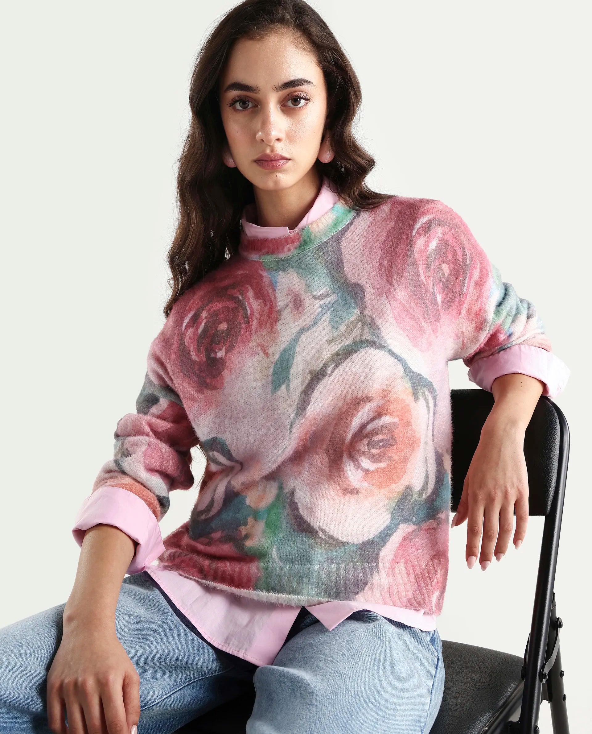 Rareism Women's Siri-R Dusky Multi Acrylic Blend Relaxed Fit Printed Sweater