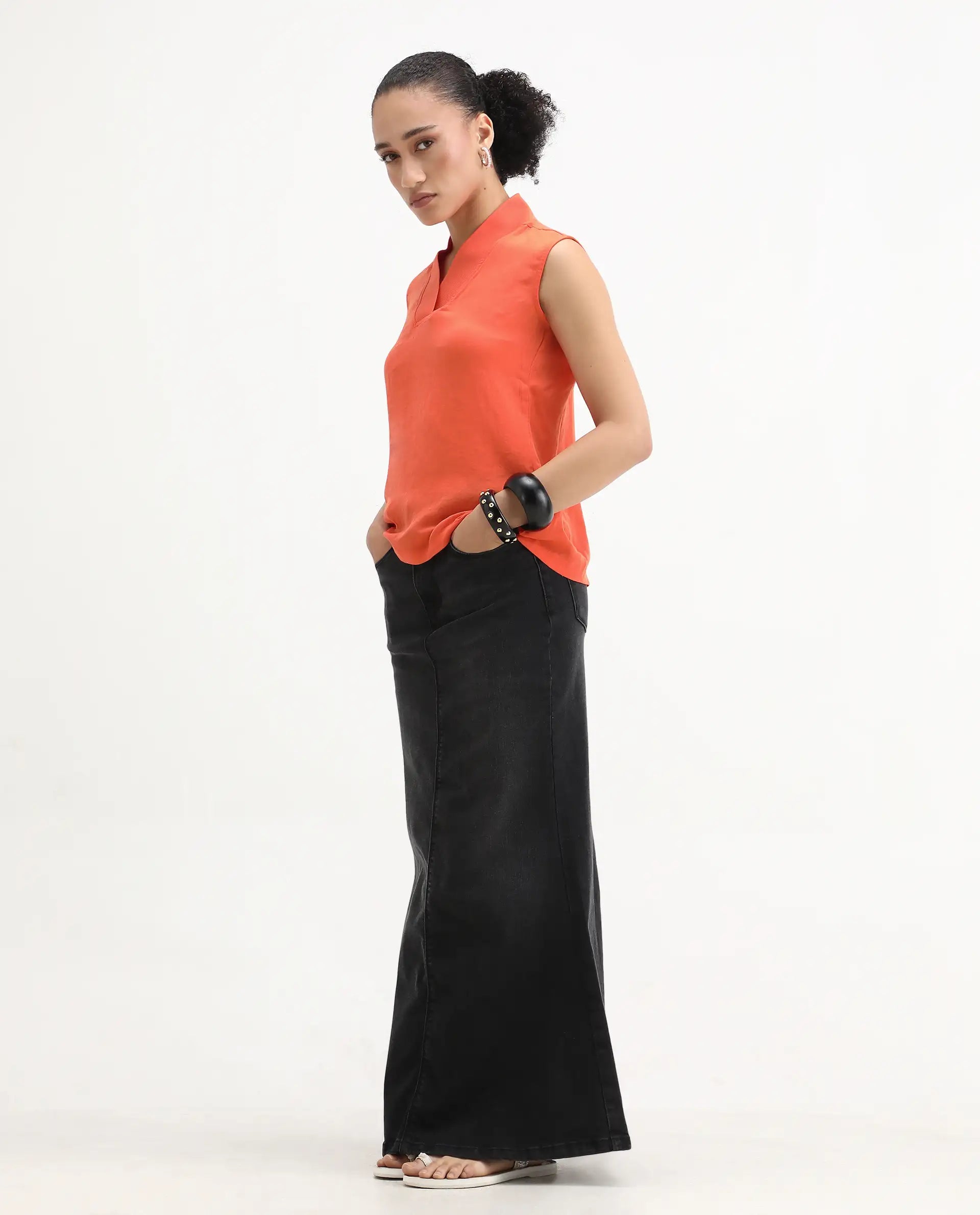 Rareism Women's Siyar Orange Satin V-Neck Plain Sleeveless Regular Fit Top
