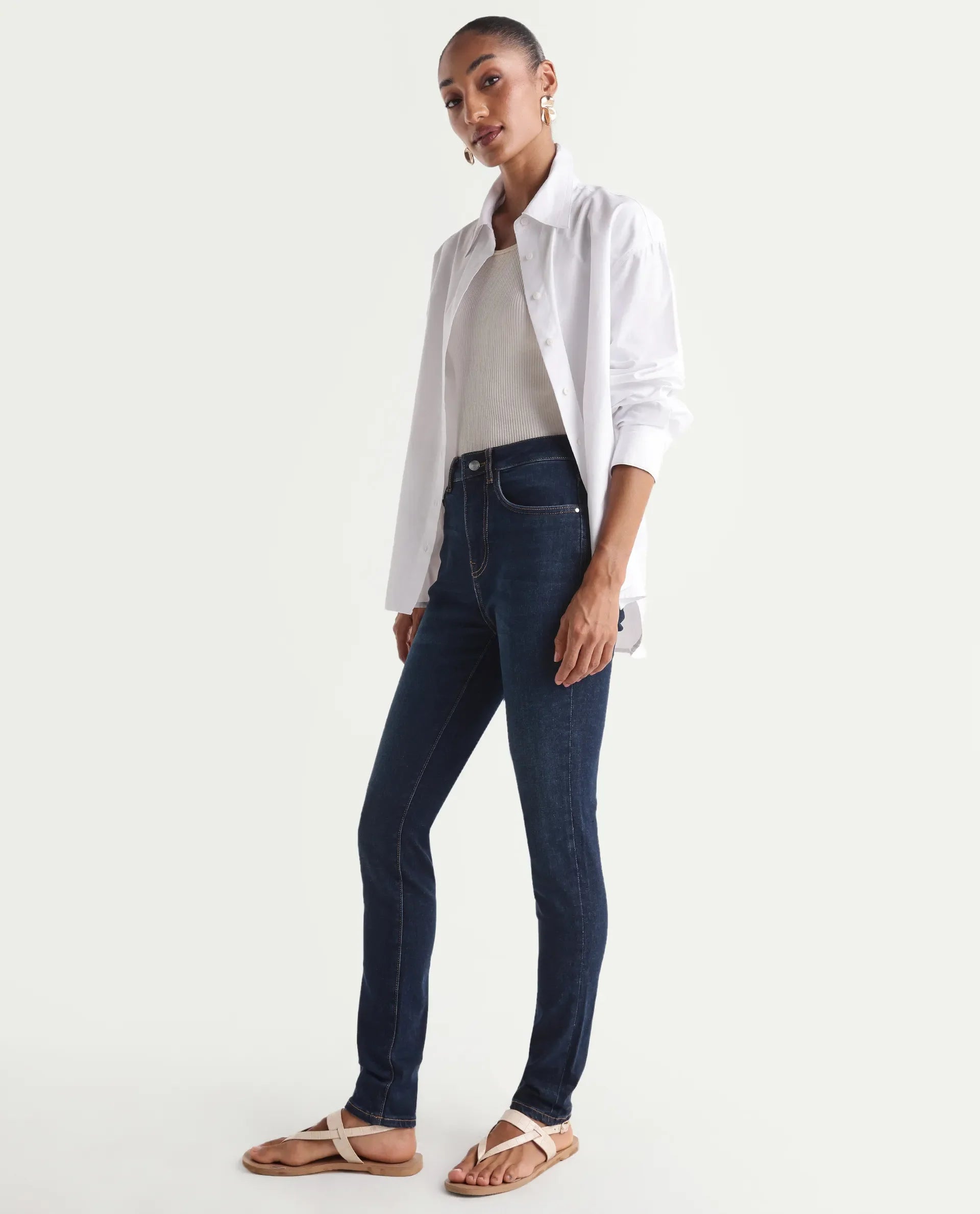 Rareism Women's Skenyo Dark Navy Cotton Blend Skinny Fit Plain Jeans