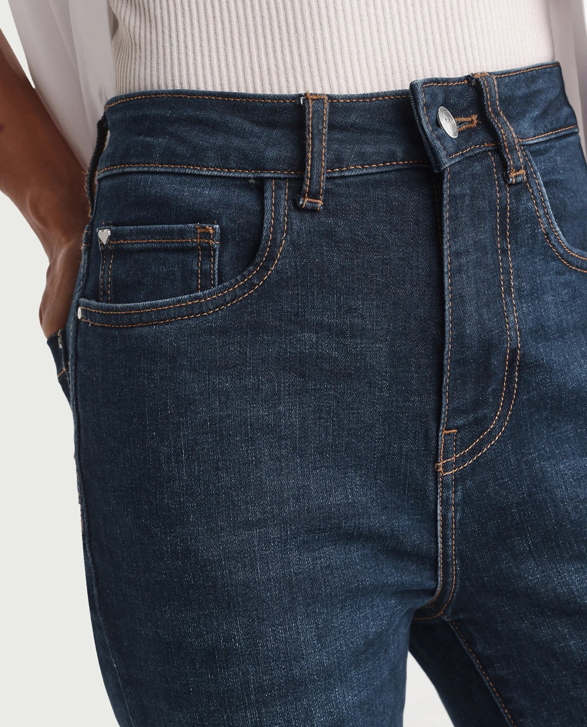 Rareism Women's Skenyo Dark Navy Cotton Blend Skinny Fit Plain Jeans