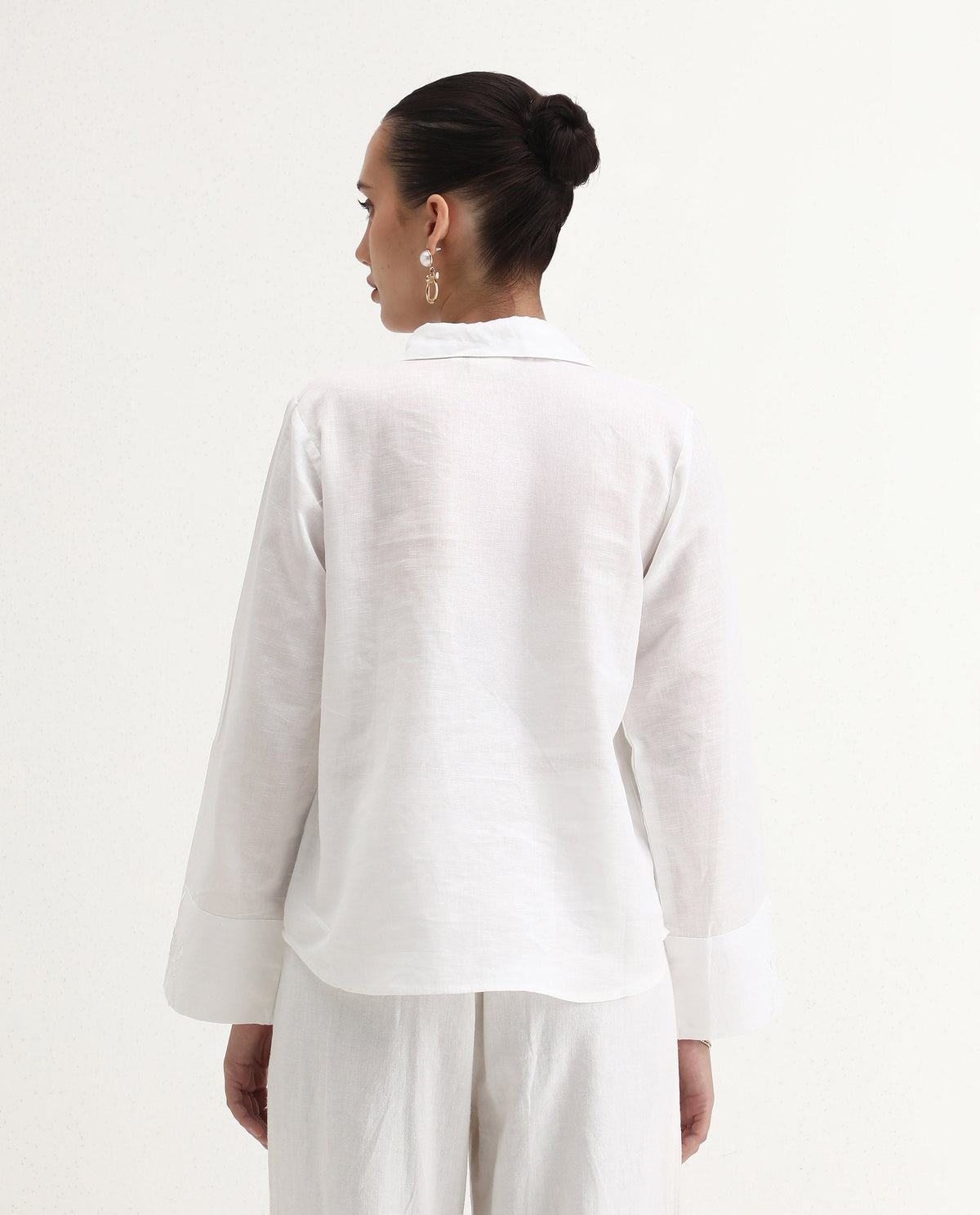 Rareism Women's Sofian White Linen Blend Spread Collar Plain Bell Sleeve Relaxed Fit Top