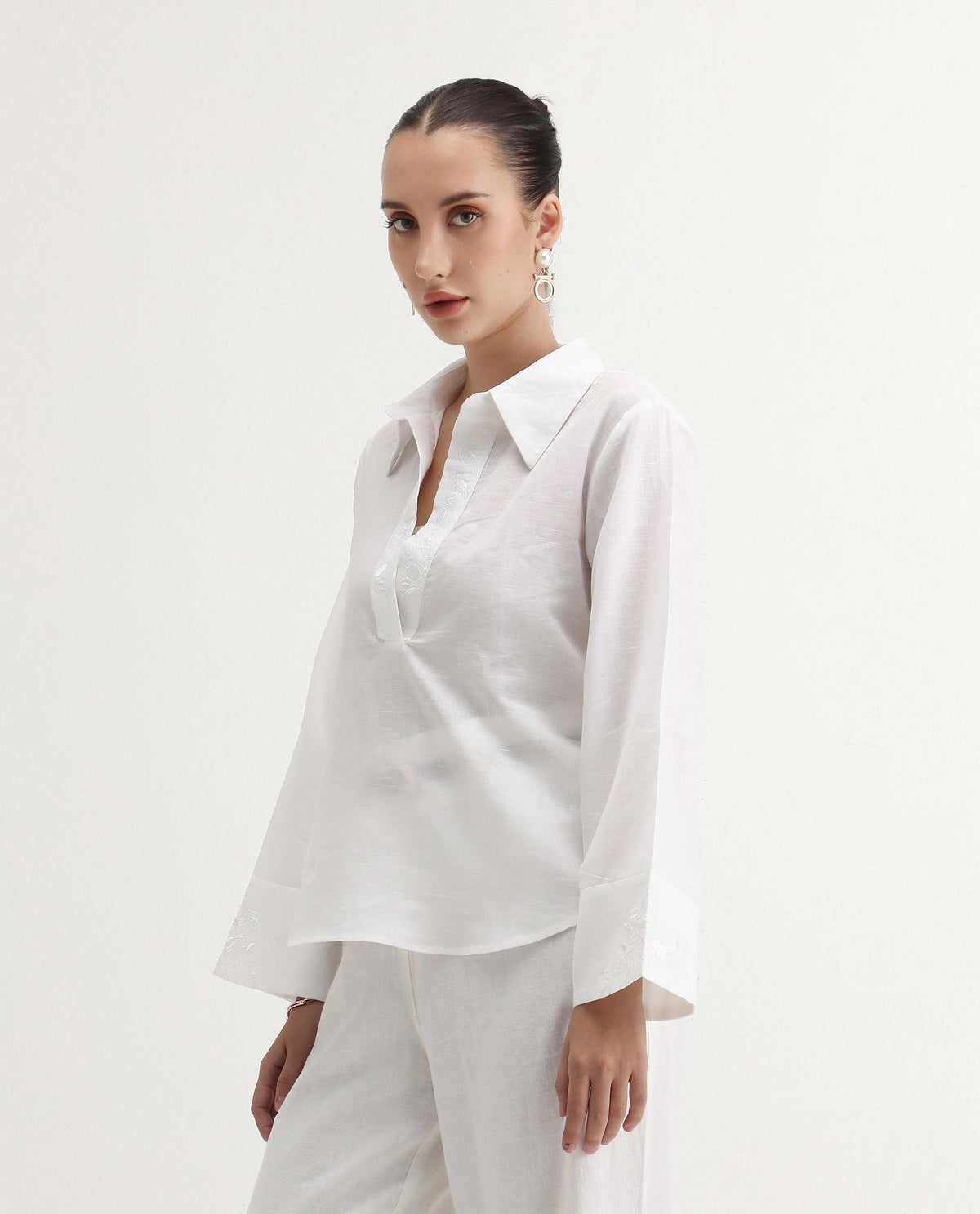 Rareism Women's Sofian White Linen Blend Spread Collar Plain Bell Sleeve Relaxed Fit Top