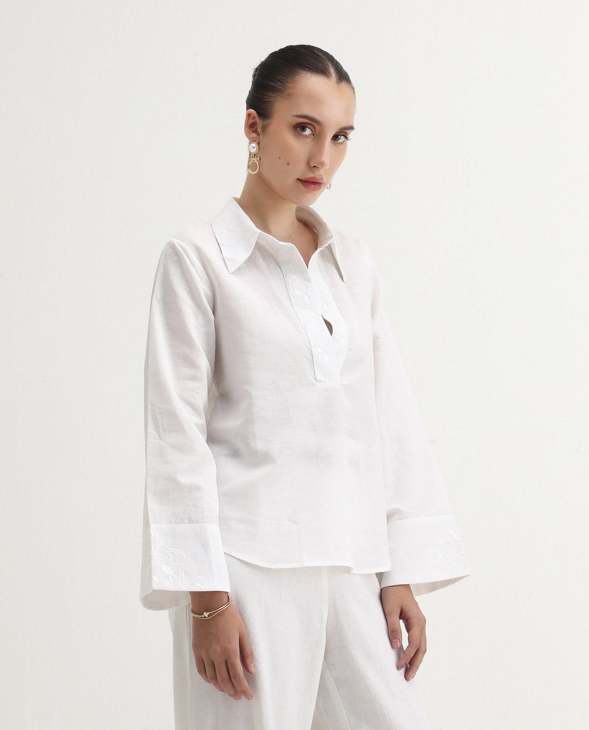 Rareism Women's Sofian White Linen Blend Spread Collar Plain Bell Sleeve Relaxed Fit Top