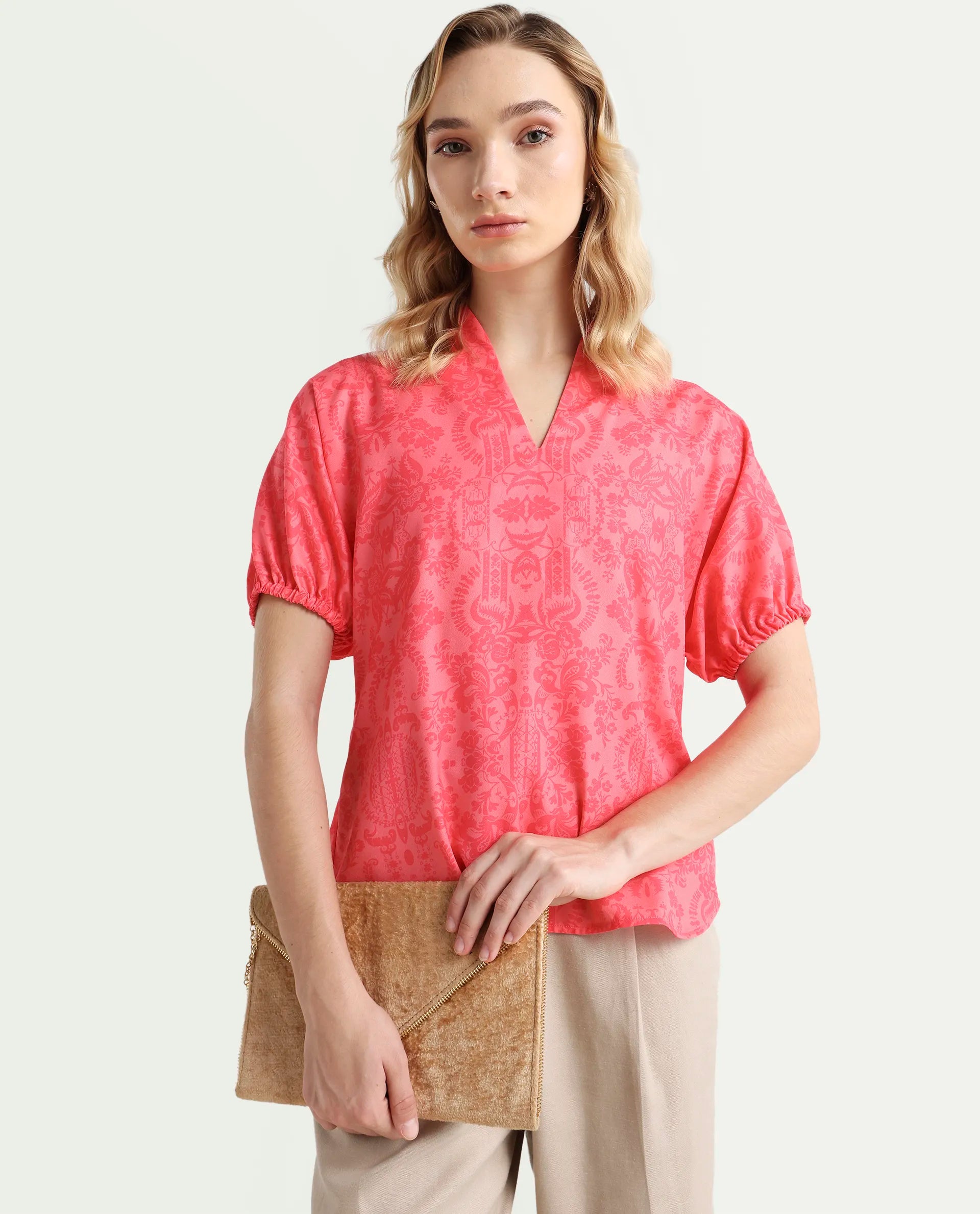 Rareism Women's Somquil Pink Polyester V-Neck Abstract Print Puff Sleeves Regular Fit Top