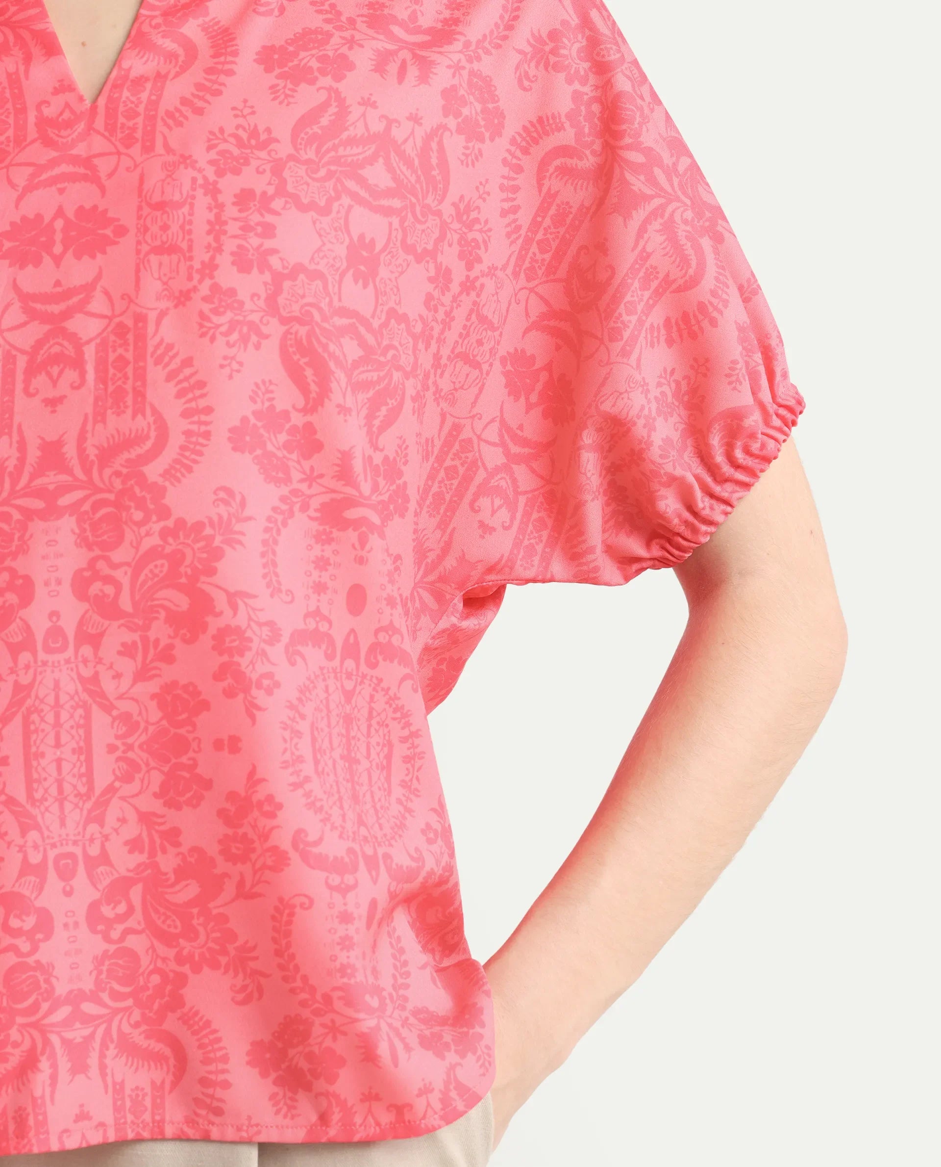 Rareism Women's Somquil Pink Polyester V-Neck Abstract Print Puff Sleeves Regular Fit Top