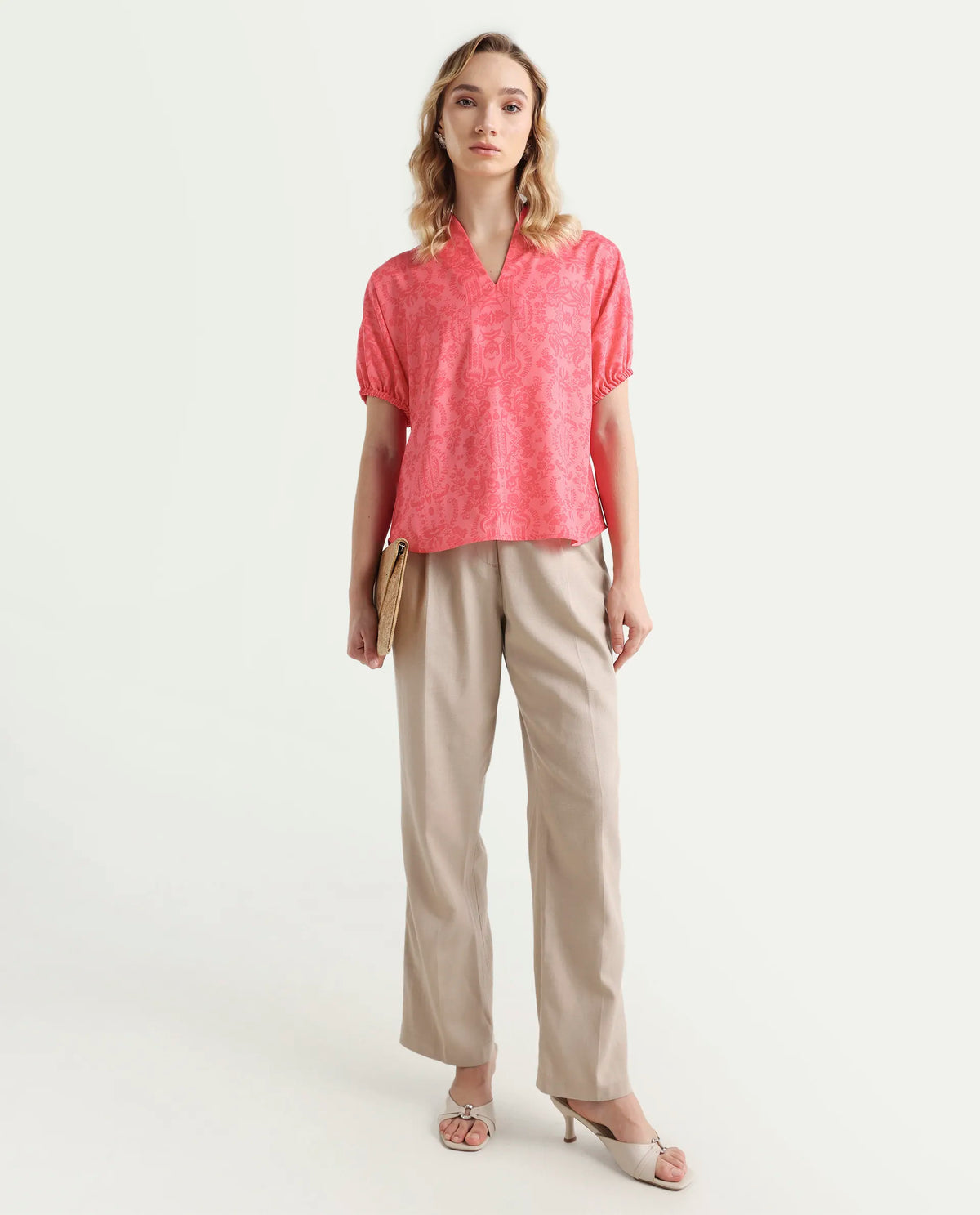 Rareism Women's Somquil Pink Polyester V-Neck Abstract Print Puff Sleeves Regular Fit Top