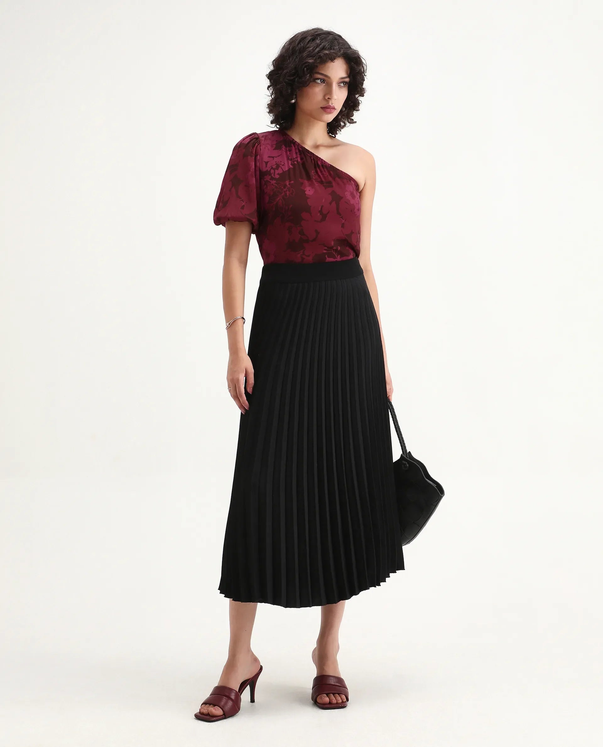 Rareism Women's Somray Red Polyester One Shoulder Floral Print One Shoulder Regular Fit Top