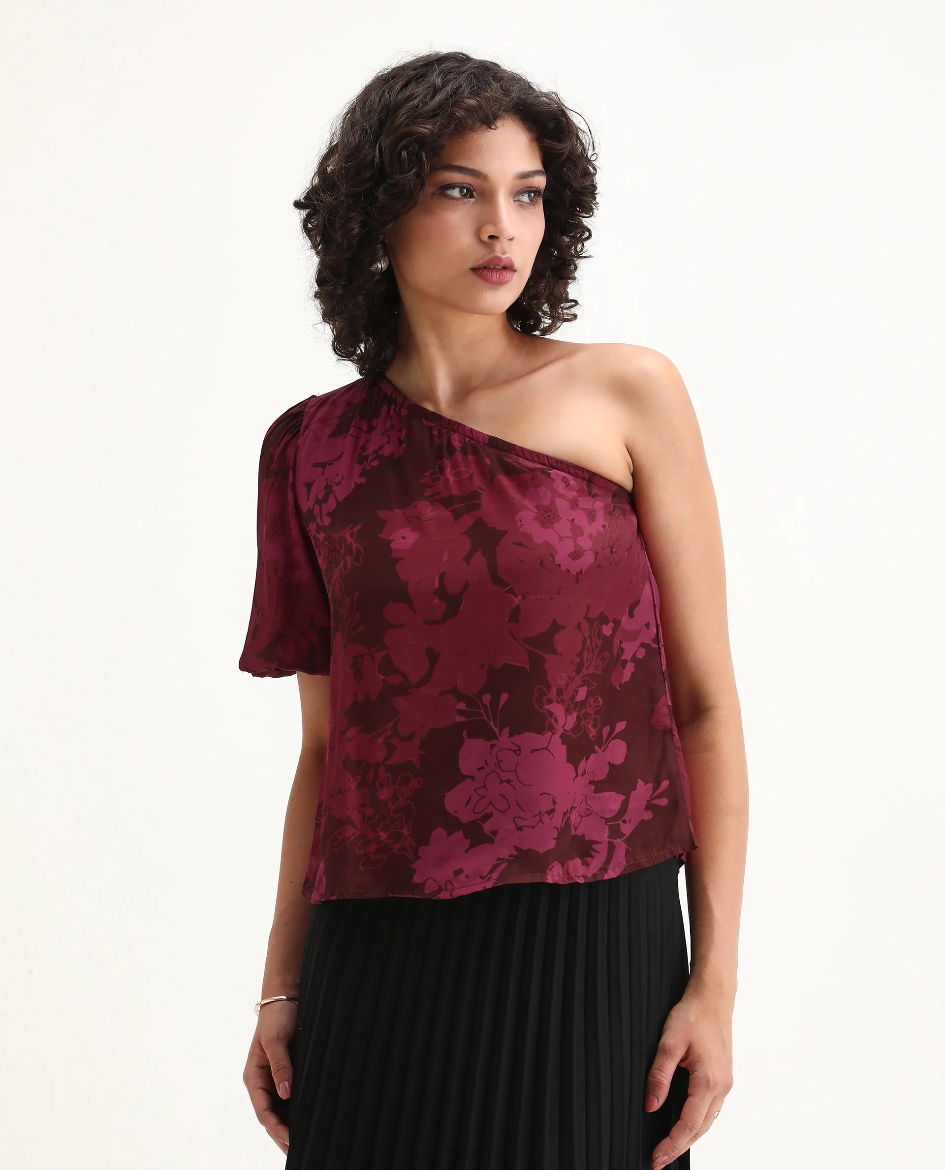 Rareism Women's Somray Red Polyester One Shoulder Floral Print One Shoulder Regular Fit Top