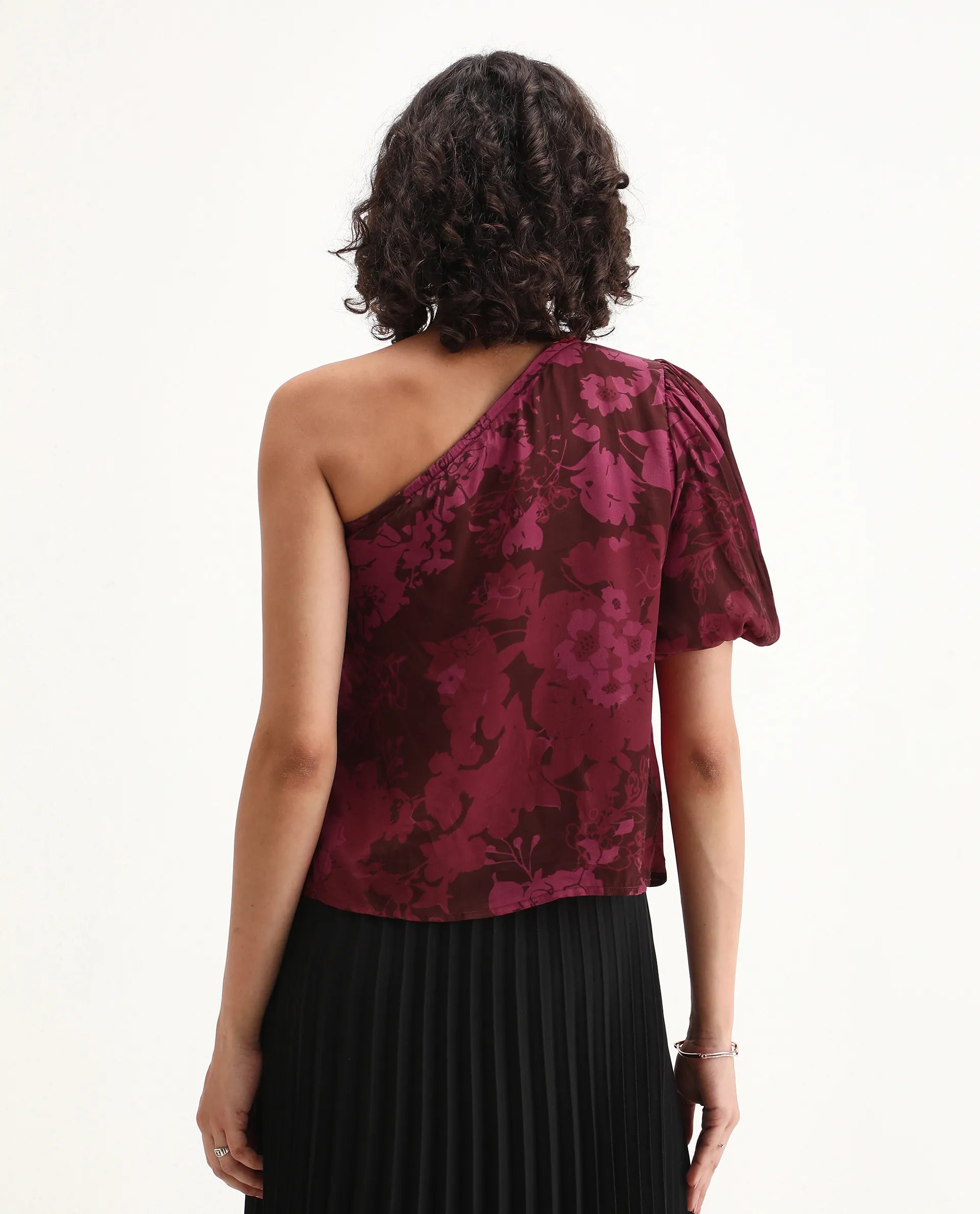 Rareism Women's Somray Red Polyester One Shoulder Floral Print One Shoulder Regular Fit Top