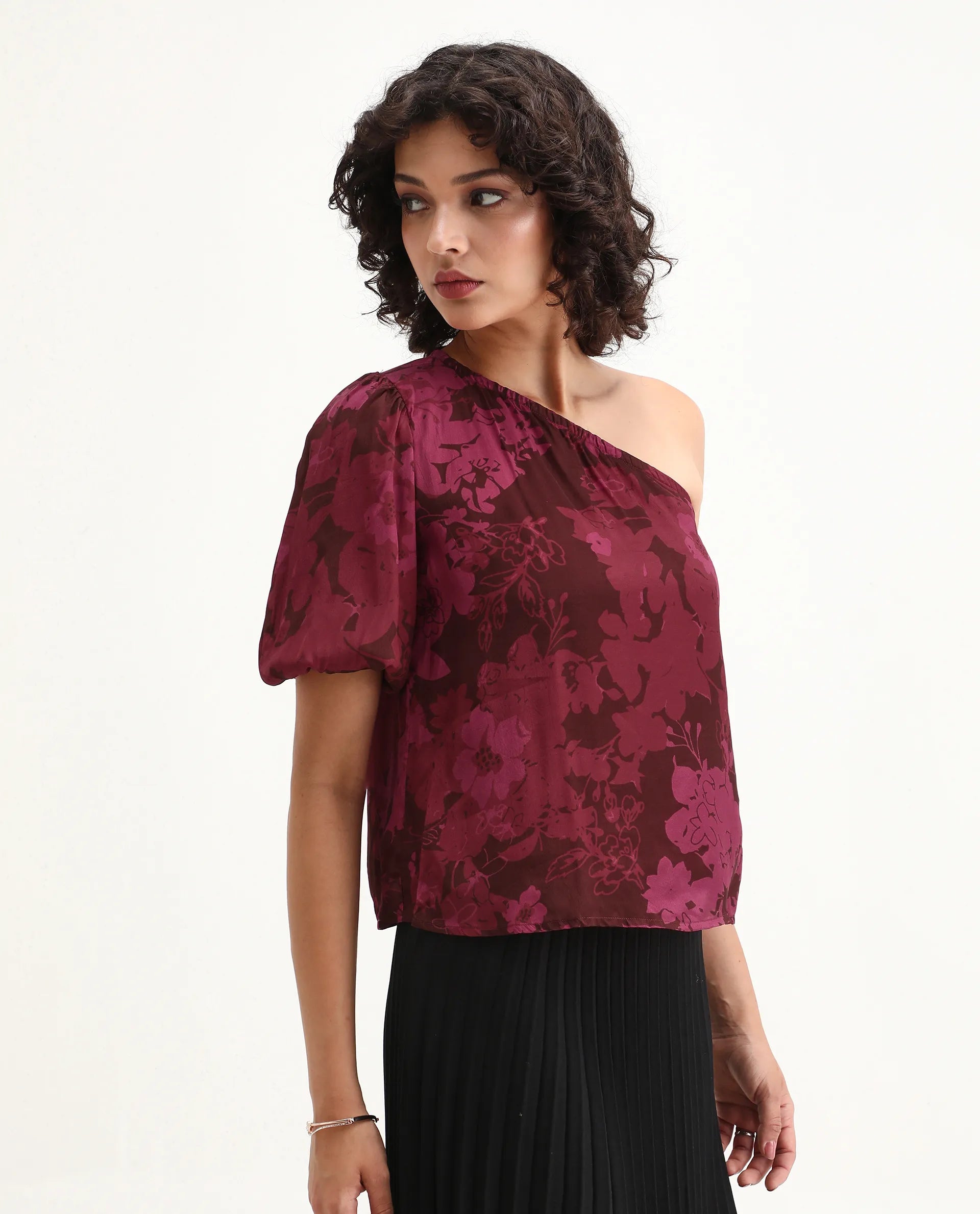 Rareism Women's Somray Red Polyester One Shoulder Floral Print One Shoulder Regular Fit Top
