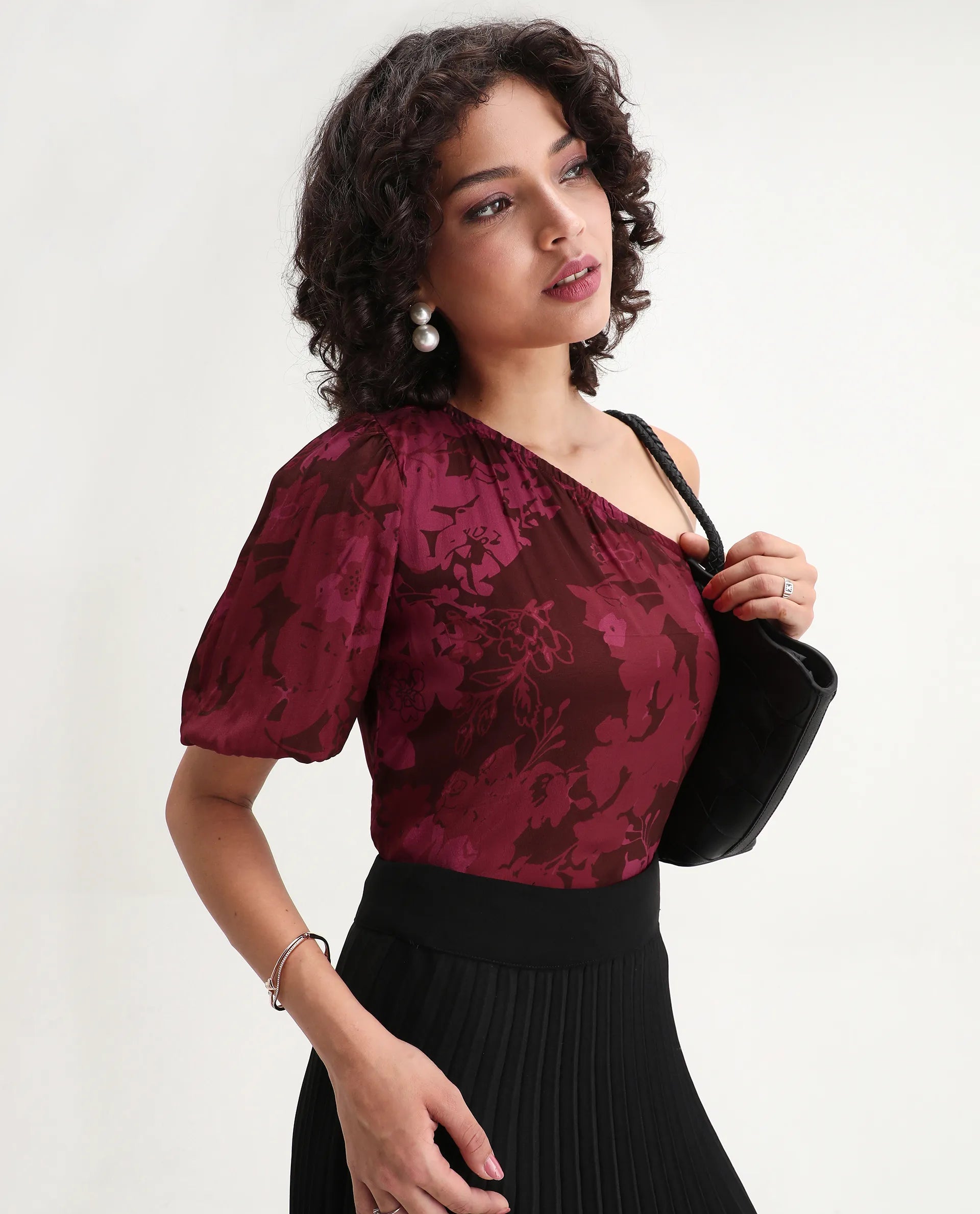 Rareism Women's Somray Red Polyester One Shoulder Floral Print One Shoulder Regular Fit Top