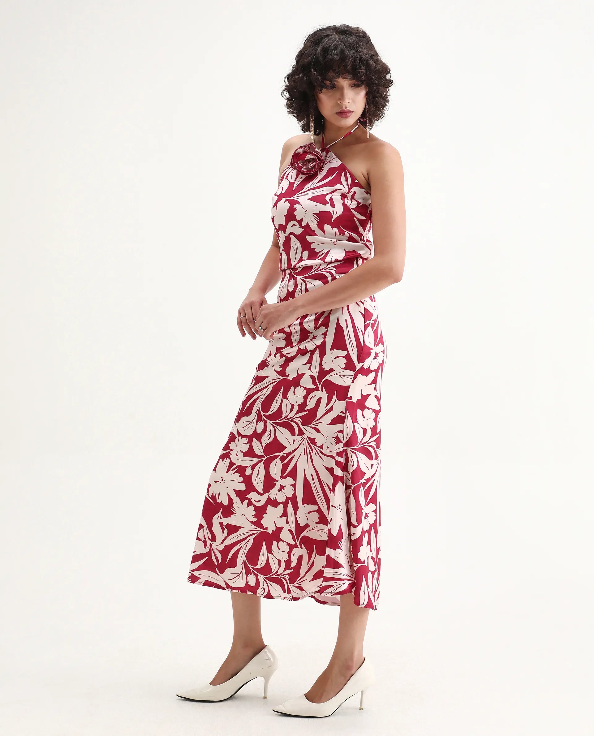 Rareism Women's Somtar B Pink Polyester Floral Print Midi Straight Fit Skirt