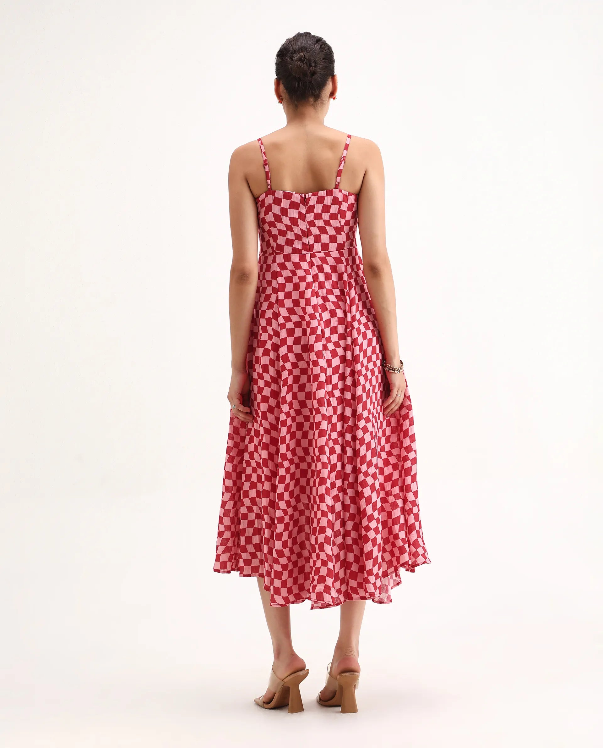 Rareism Women's Somtu Pink Polyester Shoulder Strap Geometric Print Shoulder Strap Midi Fit And Flare Dress