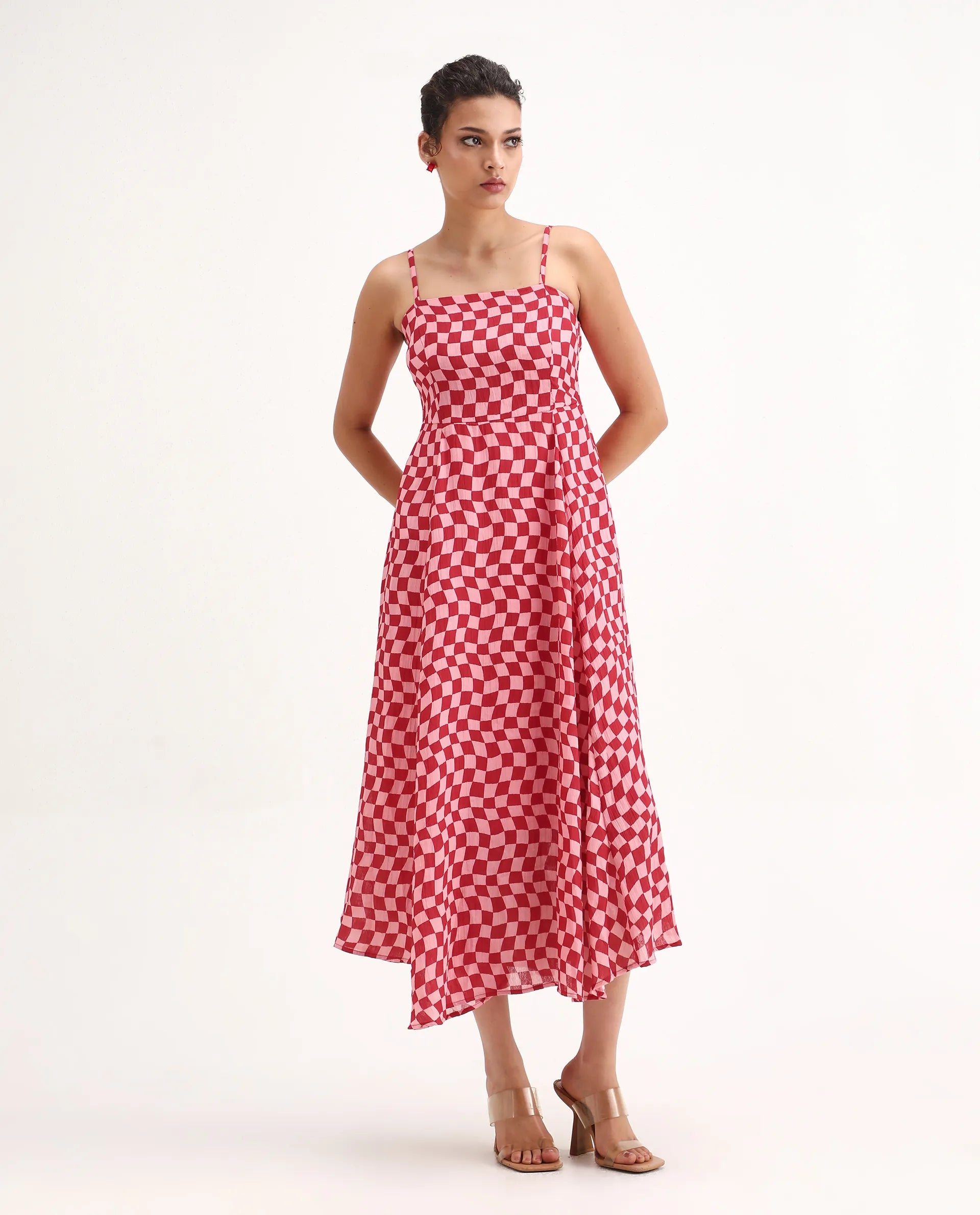 Rareism Women's Somtu Pink Polyester Shoulder Strap Geometric Print Shoulder Strap Midi Fit And Flare Dress