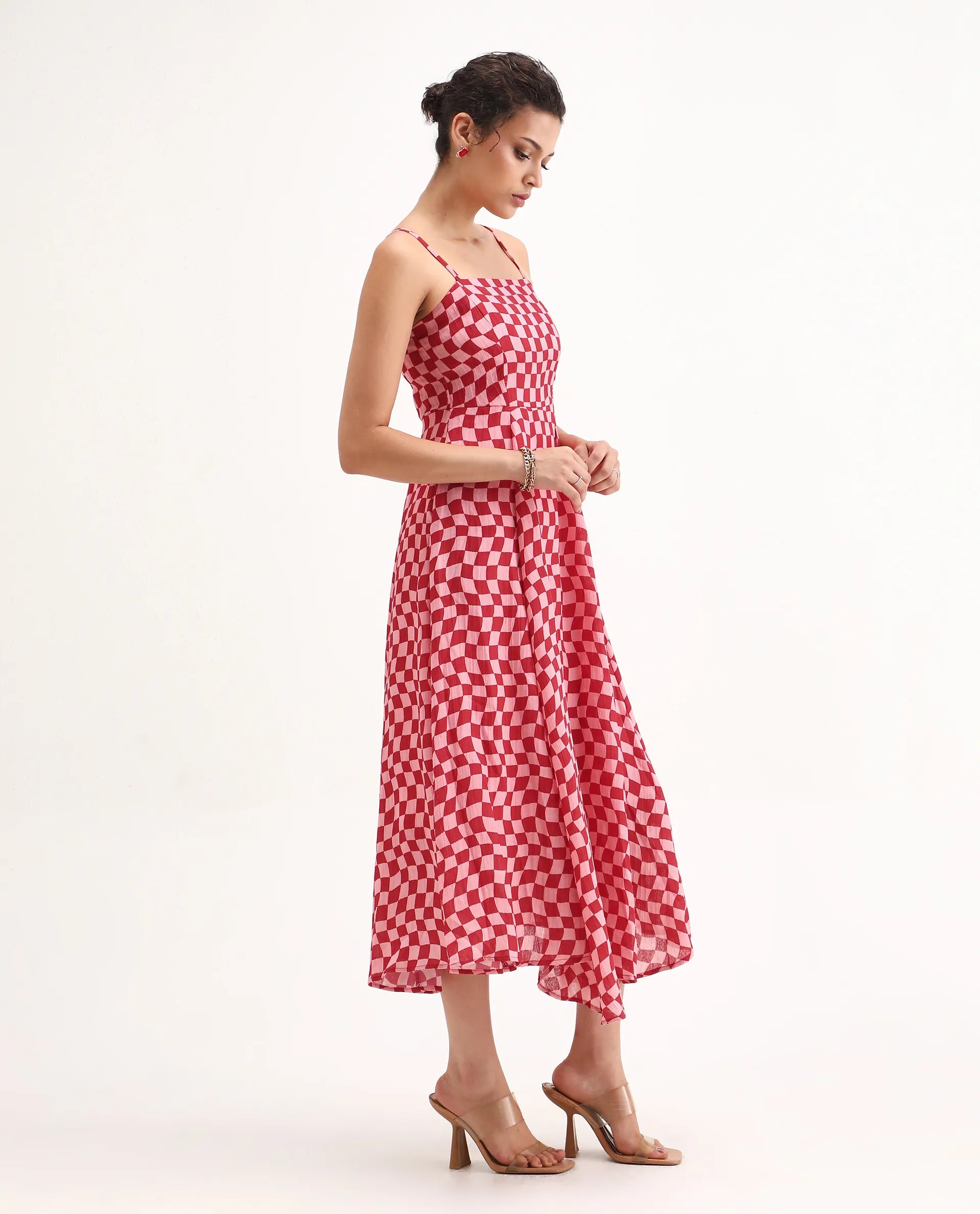 Rareism Women's Somtu Pink Polyester Shoulder Strap Geometric Print Shoulder Strap Midi Fit And Flare Dress