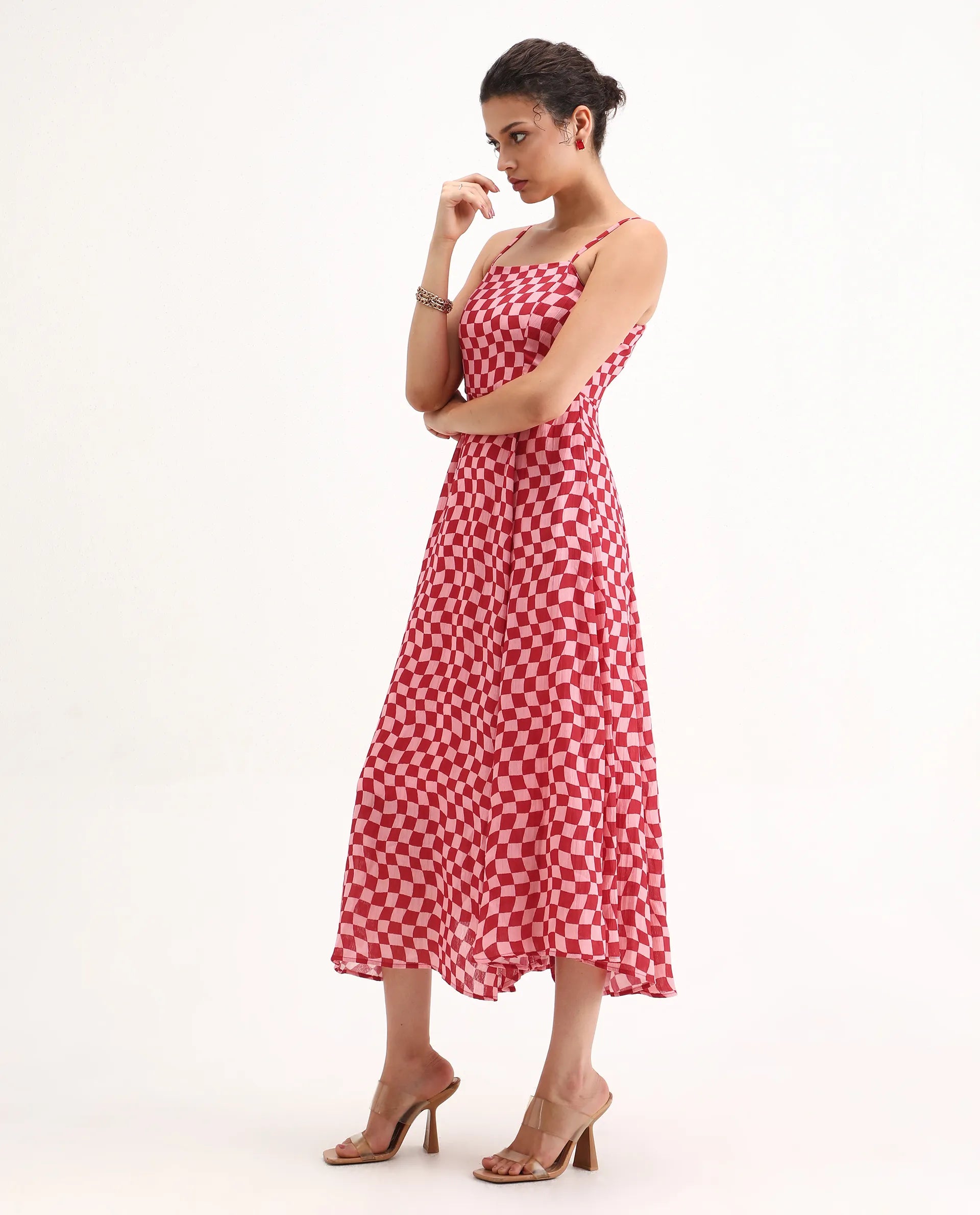 Rareism Women's Somtu Pink Polyester Shoulder Strap Geometric Print Shoulder Strap Midi Fit And Flare Dress