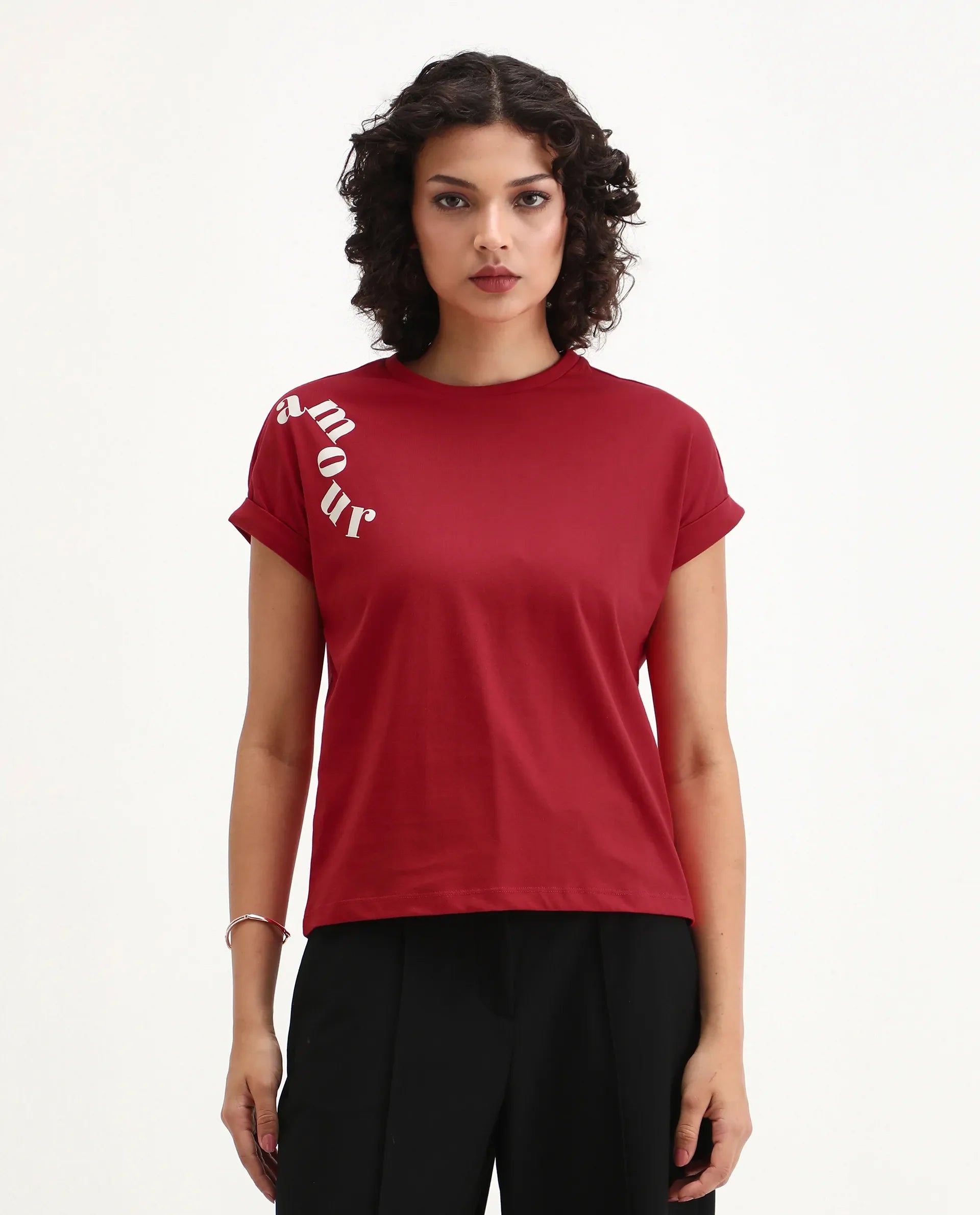Rareism Women's Somvet Red Cotton Crew Neck Graphic Print Extended Sleeves Regular Fit T-Shirt